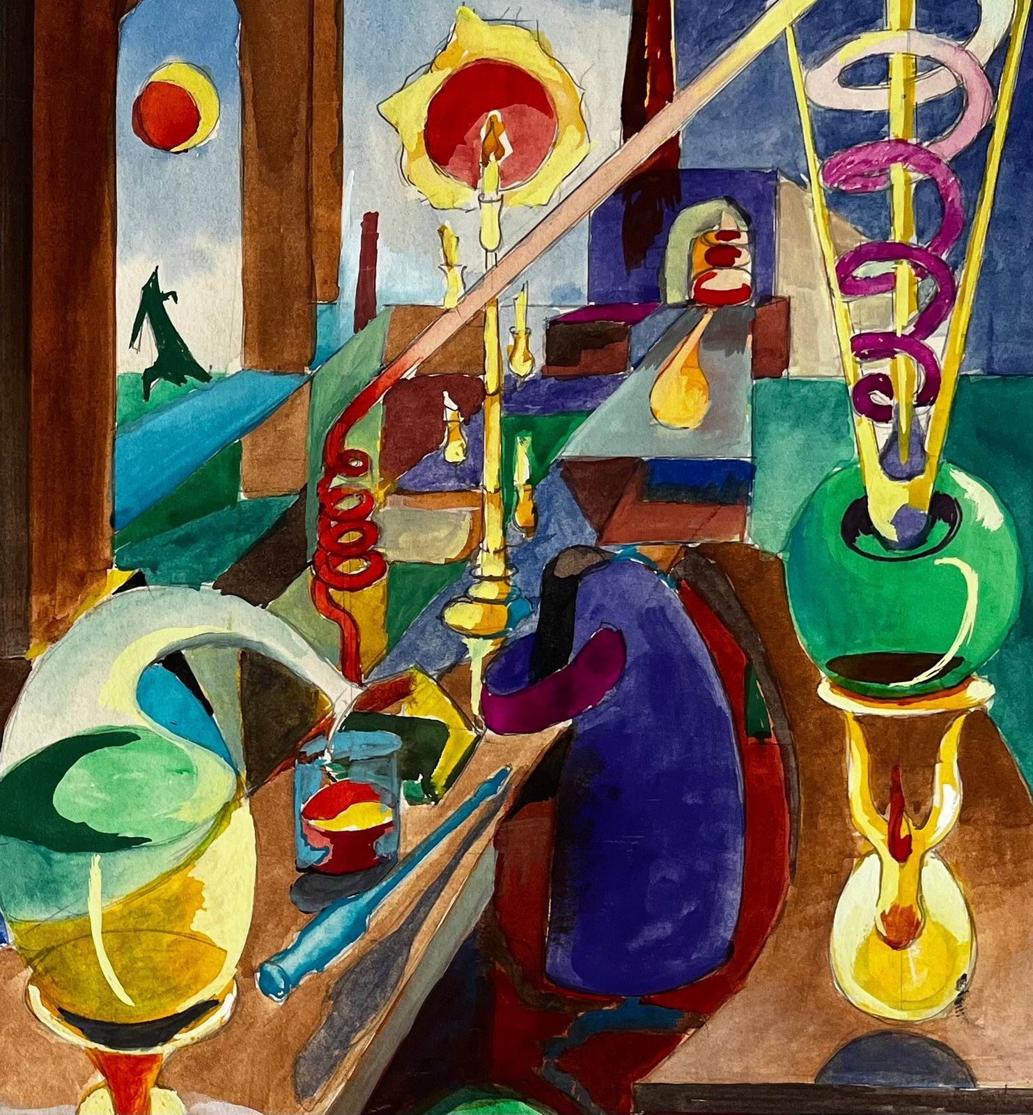 photo furniture Guy Nicod Cubist Still Life With Glass Bottles Vessels And Abstract Architectural Interior