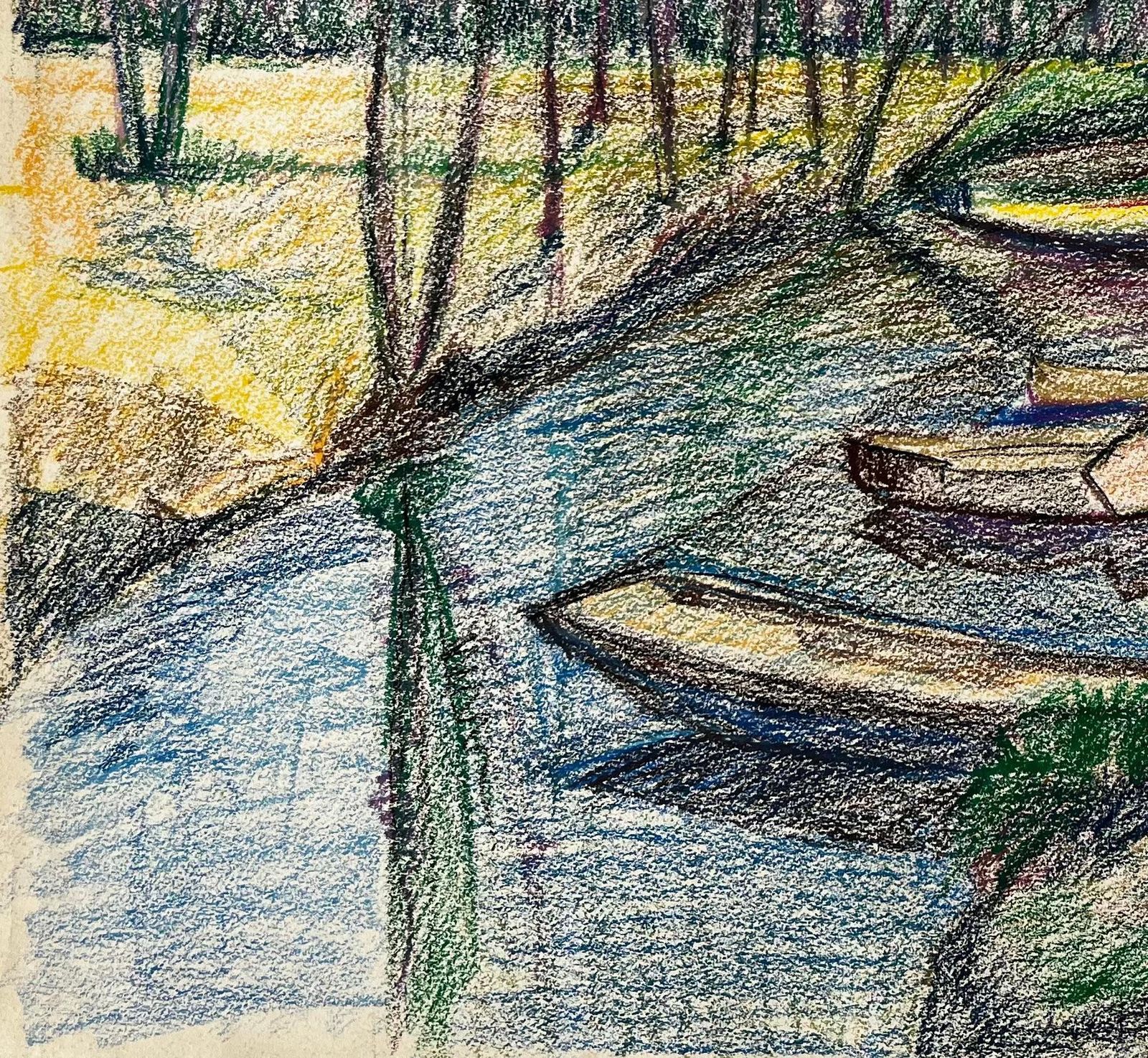 Guy Nicod Moored Boats On A Reflective River French Pastel Drawing photo for sale