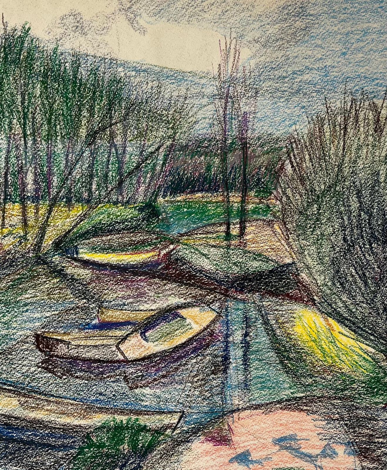 Guy Nicod Moored Boats On A Reflective River French Pastel Drawing photo vinterior