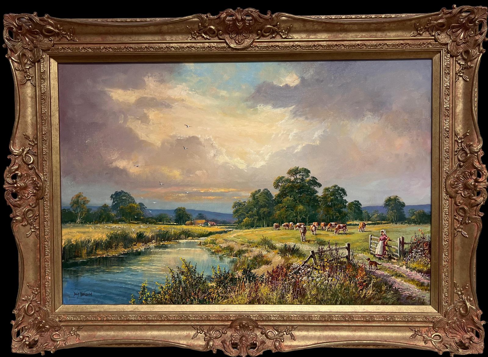 Don Vaughanlarge Traditional English Summer Pastoral Cattle River Landscape Oil Painting