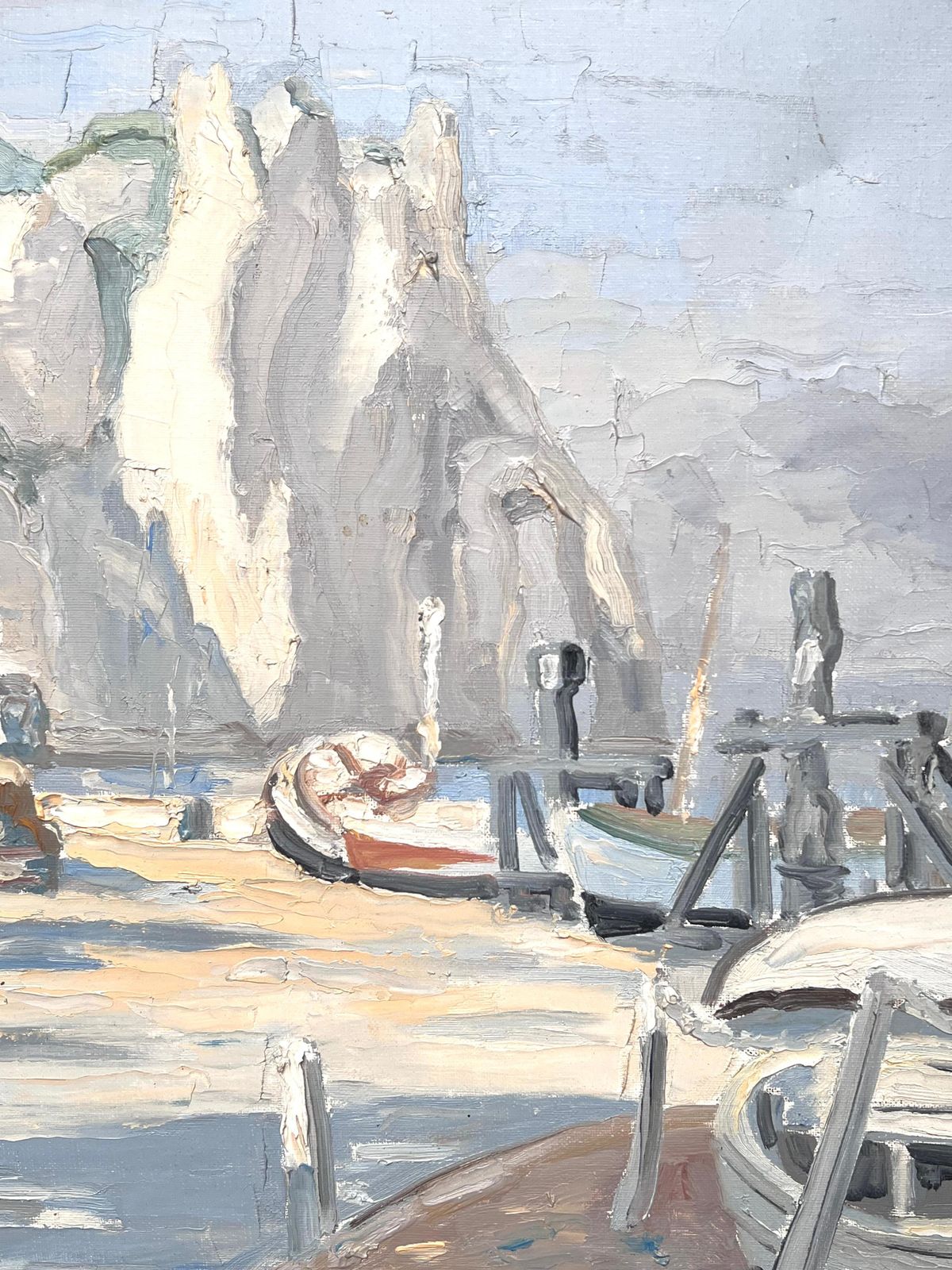 Georges Bordonovemisty Grey Boats Resting At The Still Harbour French Impressionist Oil Painting1970 photo for sale