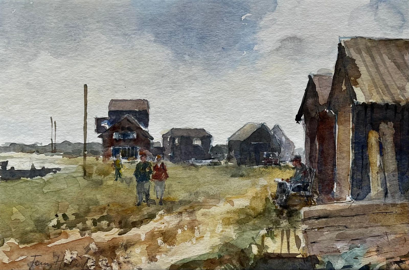 Anthony Herbertthe Ferryman Walberswick With Figures And Huts Original Suffolk Watercolour