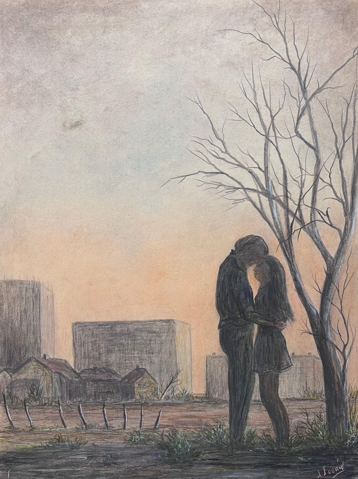 Jean Fouriecouple In Intimate Moment In Winter Fields Landscape Painting photo 418.0