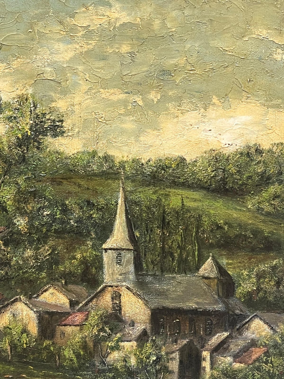 Jean Fouriespine Church And Cottages In The Bright Green Field Landscape Oil Painting photo vinterior