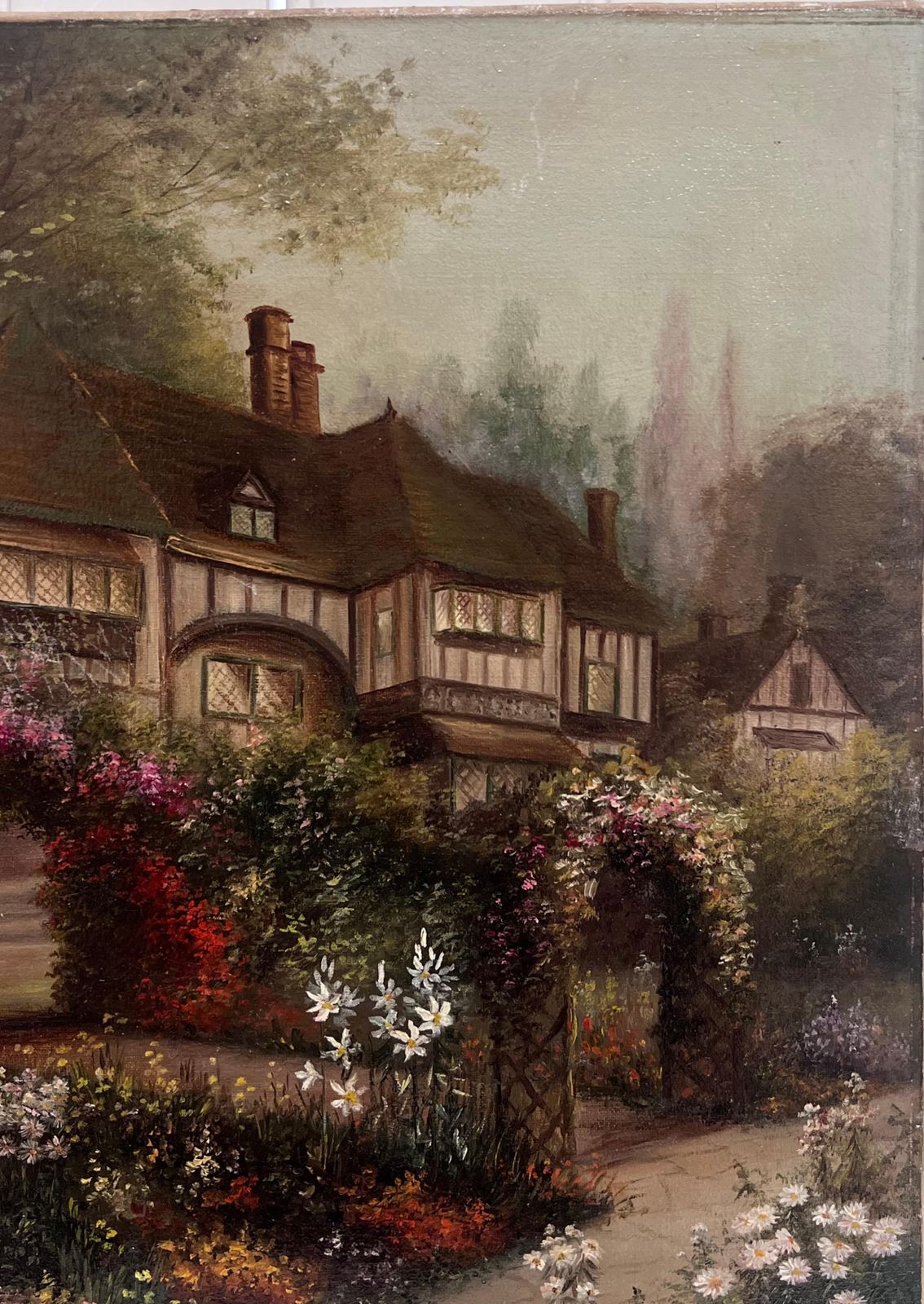 Early 20th Century English Schoolantique English Oil Painting Old Tudor House And Flower Garden Twilight Dusk1915 photo buy