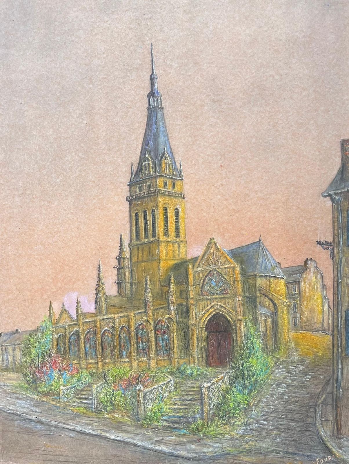 photo for sale Jean Fouriespine Church Nestled In The Village Town Oil Landscape Painting