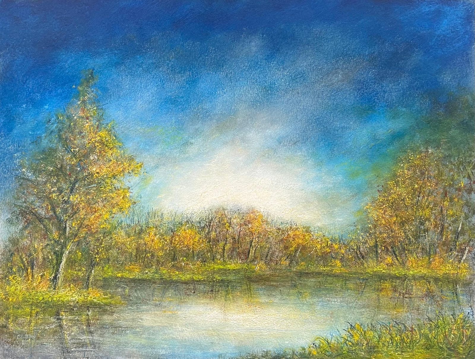 Jean Fouriegolden Tree Lake Reflections Of The Bright Blue Sky Oil Landscape Painting photo buy