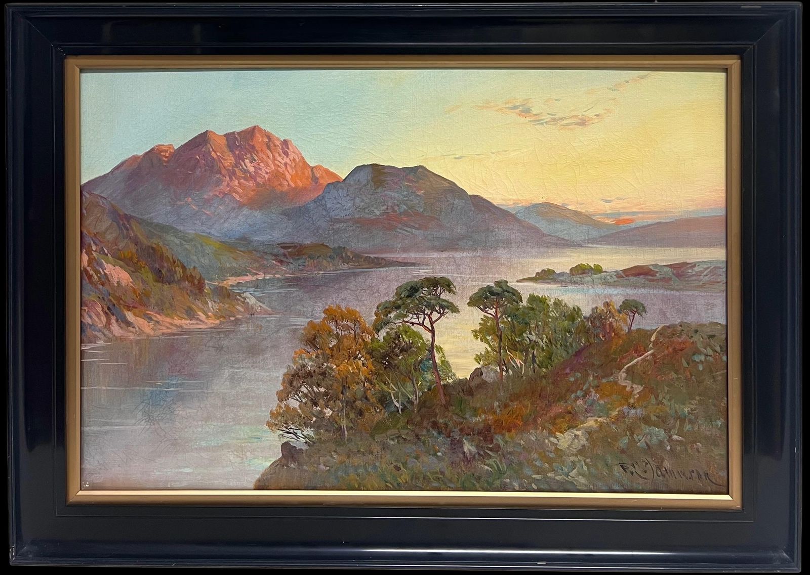 F. E. Jamiesonantique Scottish Highlands Oil Painting Sunset Over Highland Loch Lomond1920's