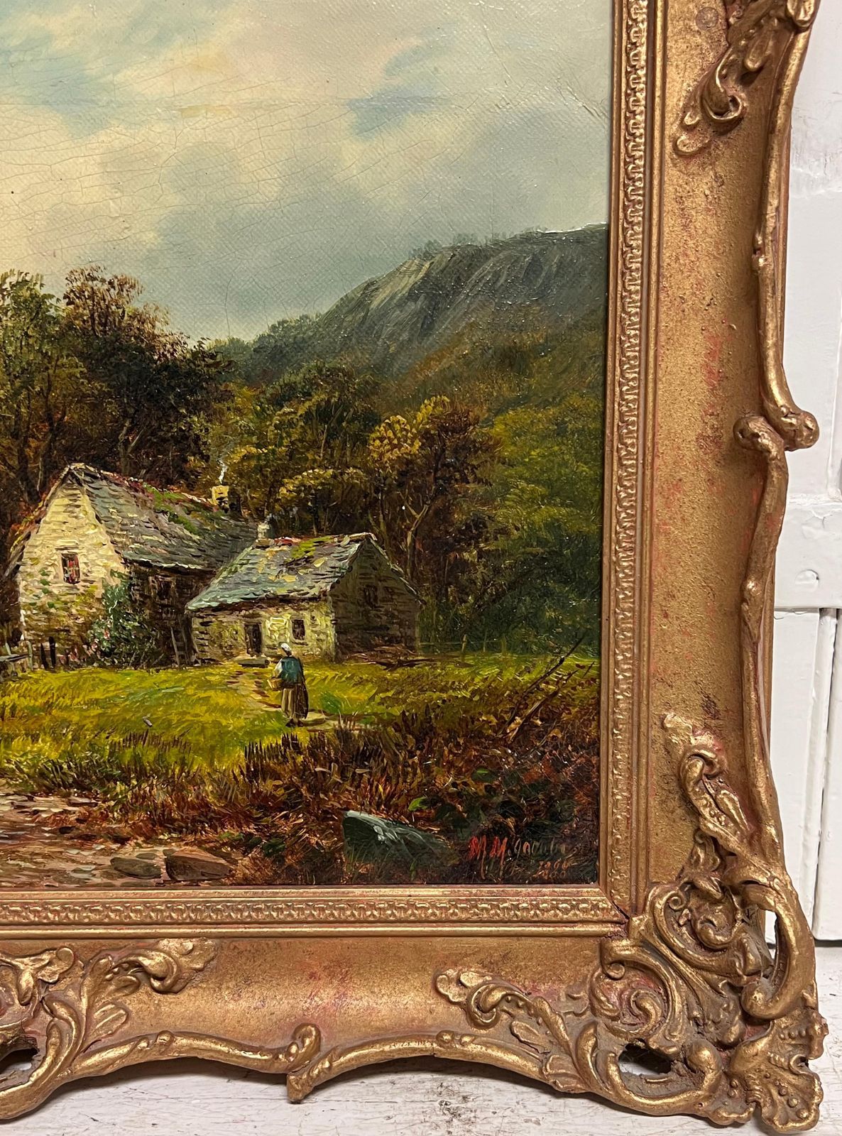 Welsh Victoriansigned Victorian Welsh Oil Painting Cottages By Lake And Mountain View 18881888 photo vintage
