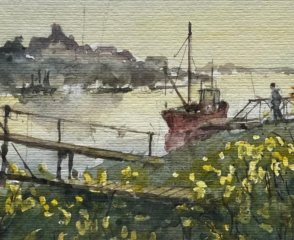 Anthony Herbertriver Jetty With Red Fishing Boat And Wildflowers British Coastal Landscape photo buy