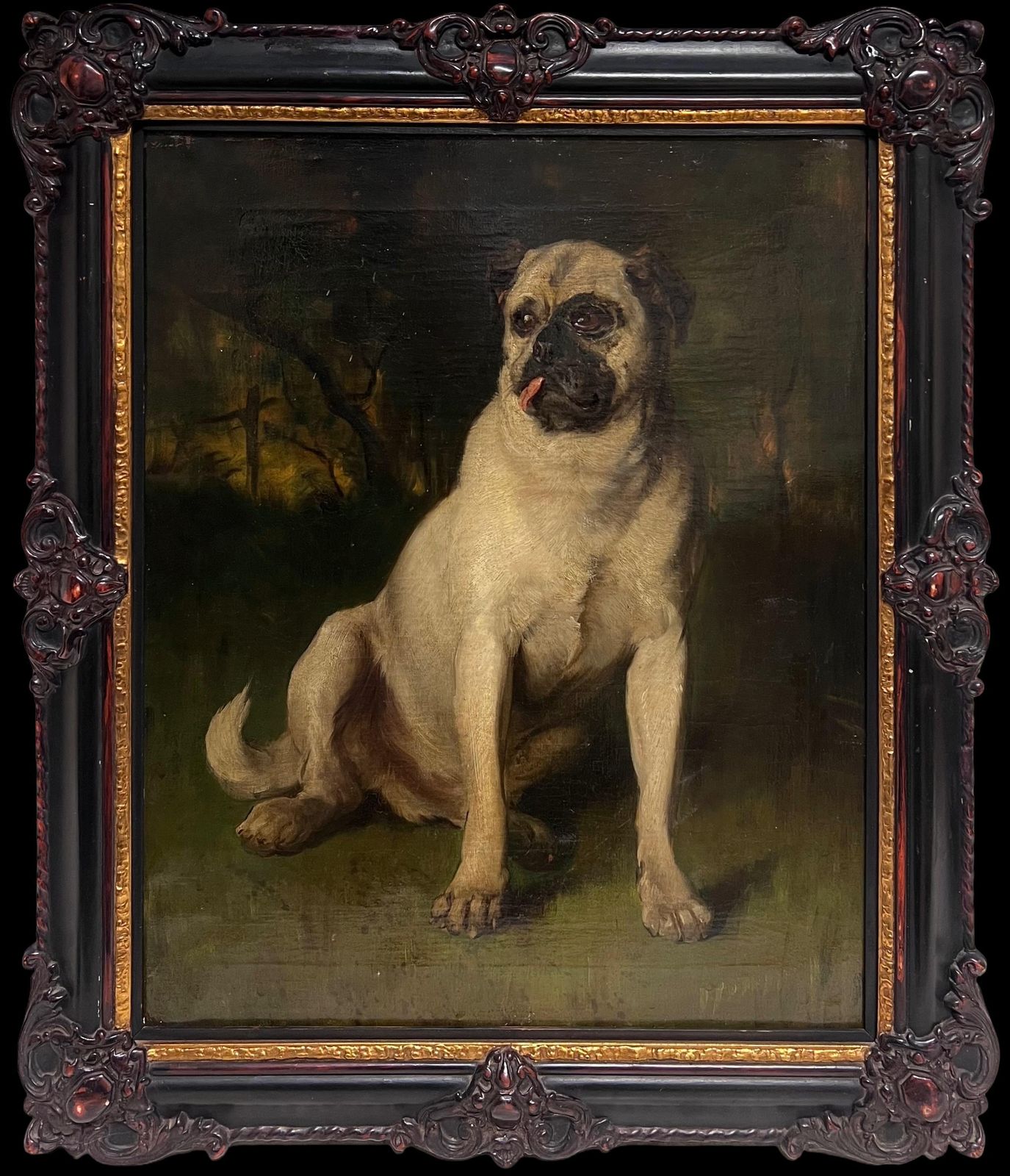French School Fine 19th Century French Dog Oil Painting Portrait Of A Pug In Wooded Landscape