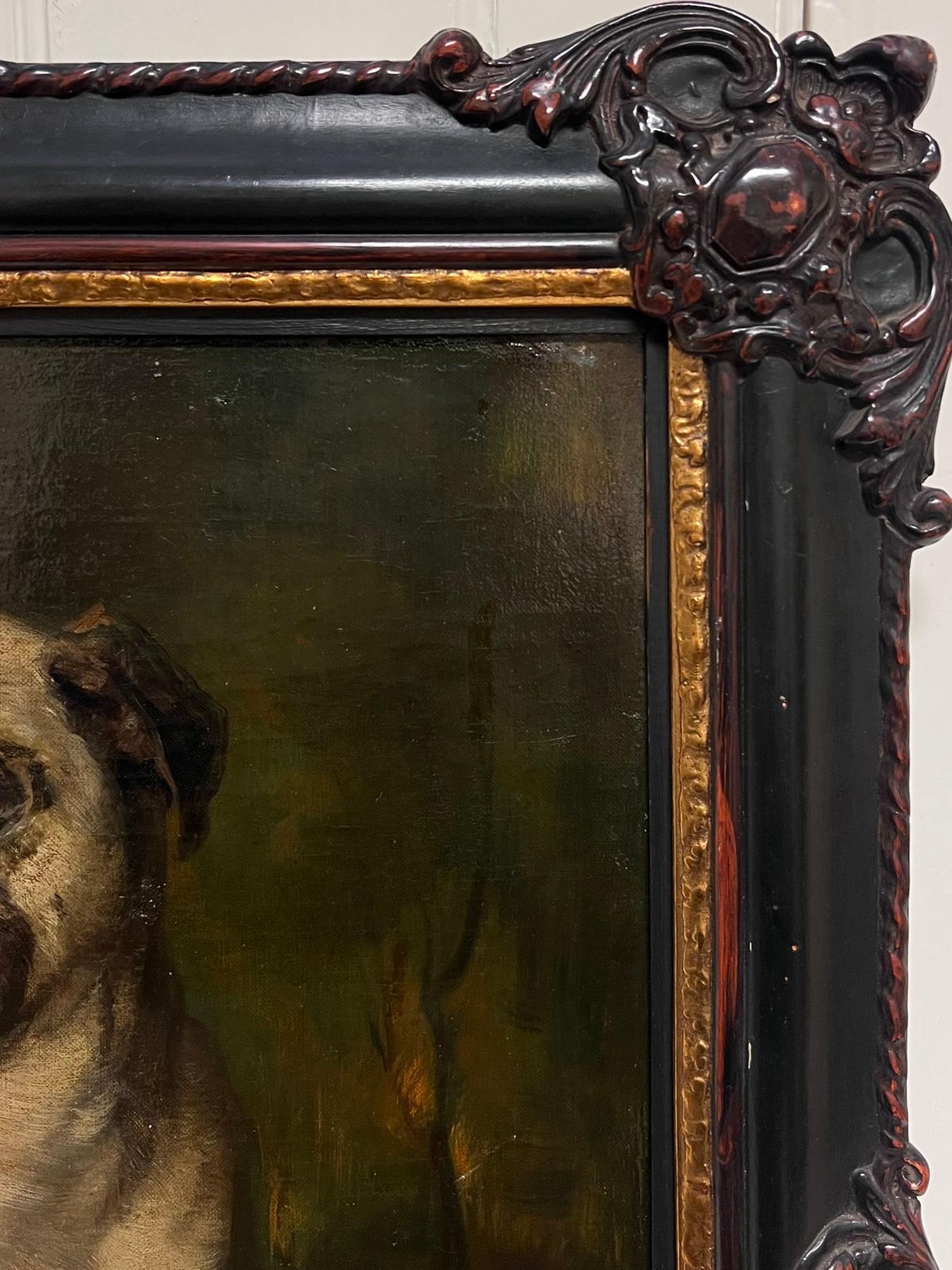 French School Fine 19th Century French Dog Oil Painting Portrait Of A Pug In Wooded Landscape photo buy