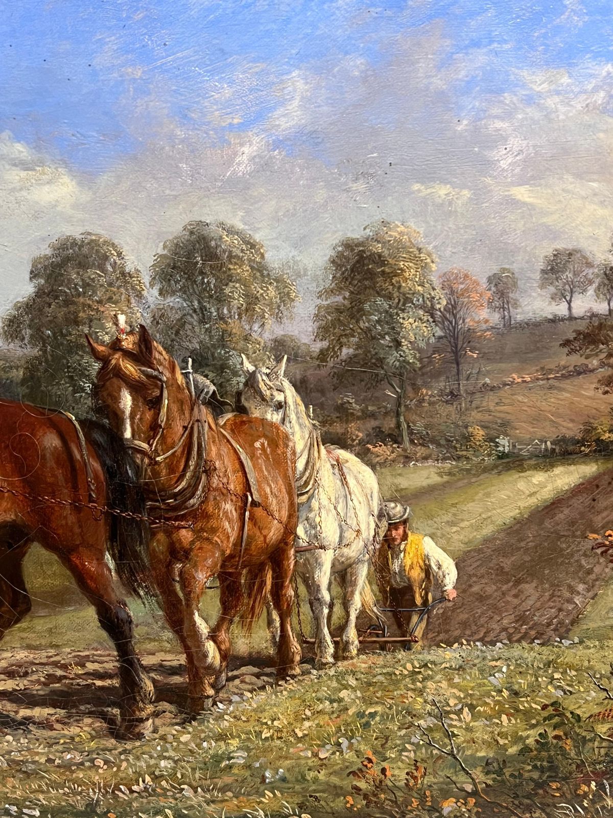 3558.0 Mid 19th Century English Schoolfine Victorian English Rural Oil Painting Plough Team Horses & Figures In Field photo