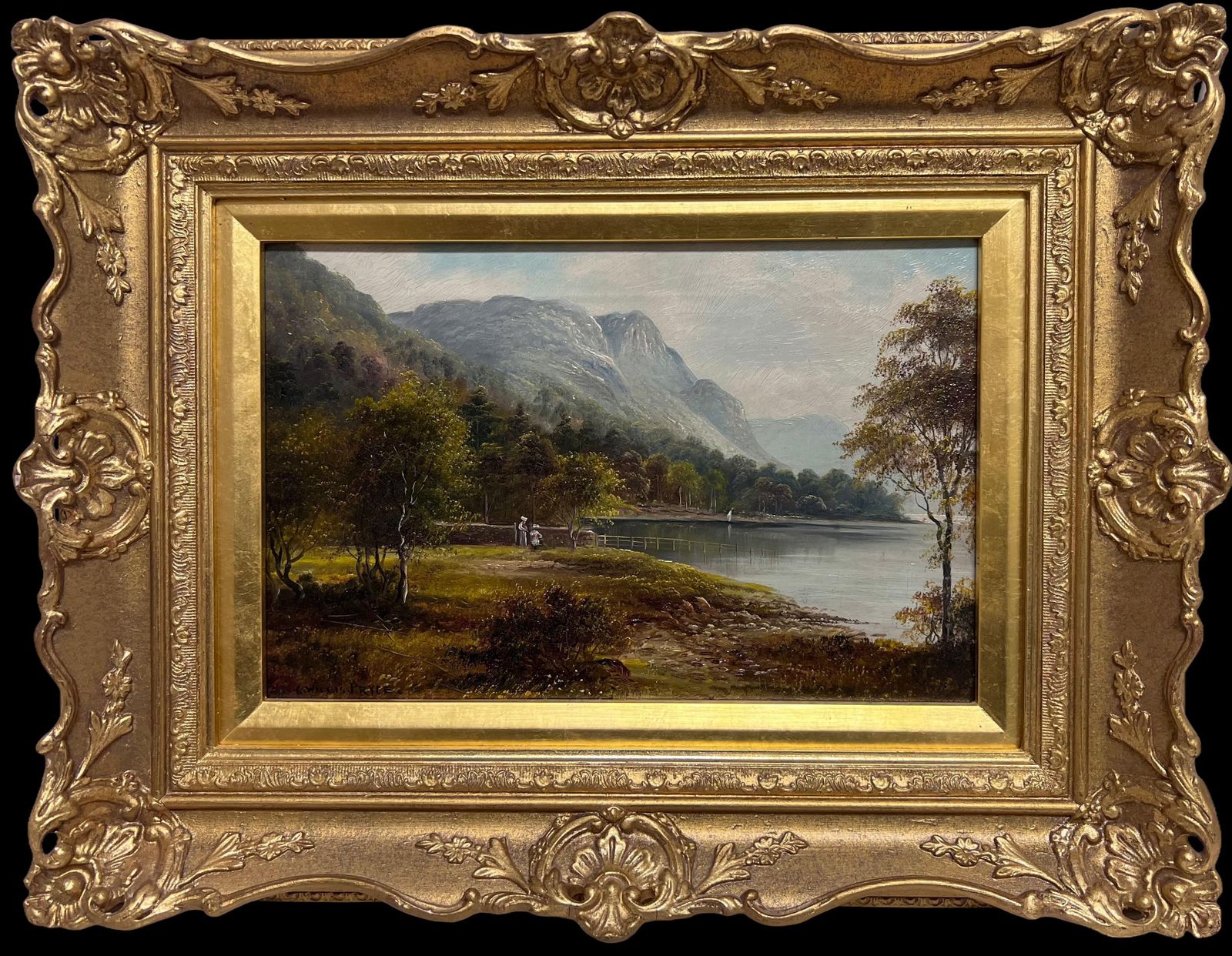 Fine Antique English Oil Painting Figures Admiring The English Lake District