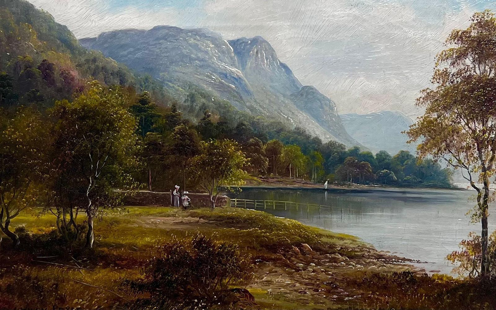 Fine Antique English Oil Painting Figures Admiring The English Lake District photo furniture