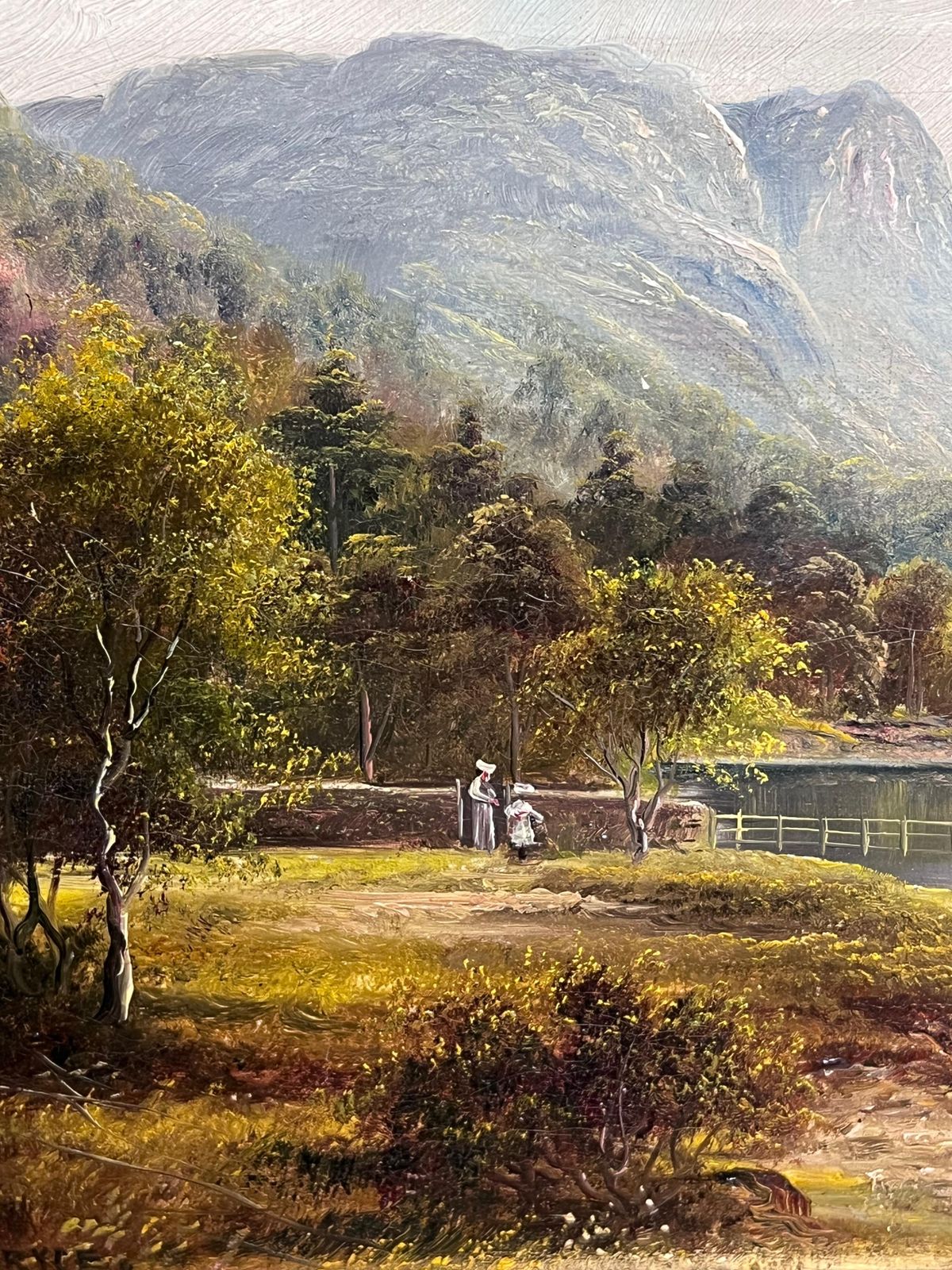 Art Fine Antique English Oil Painting Figures Admiring The English Lake District photo