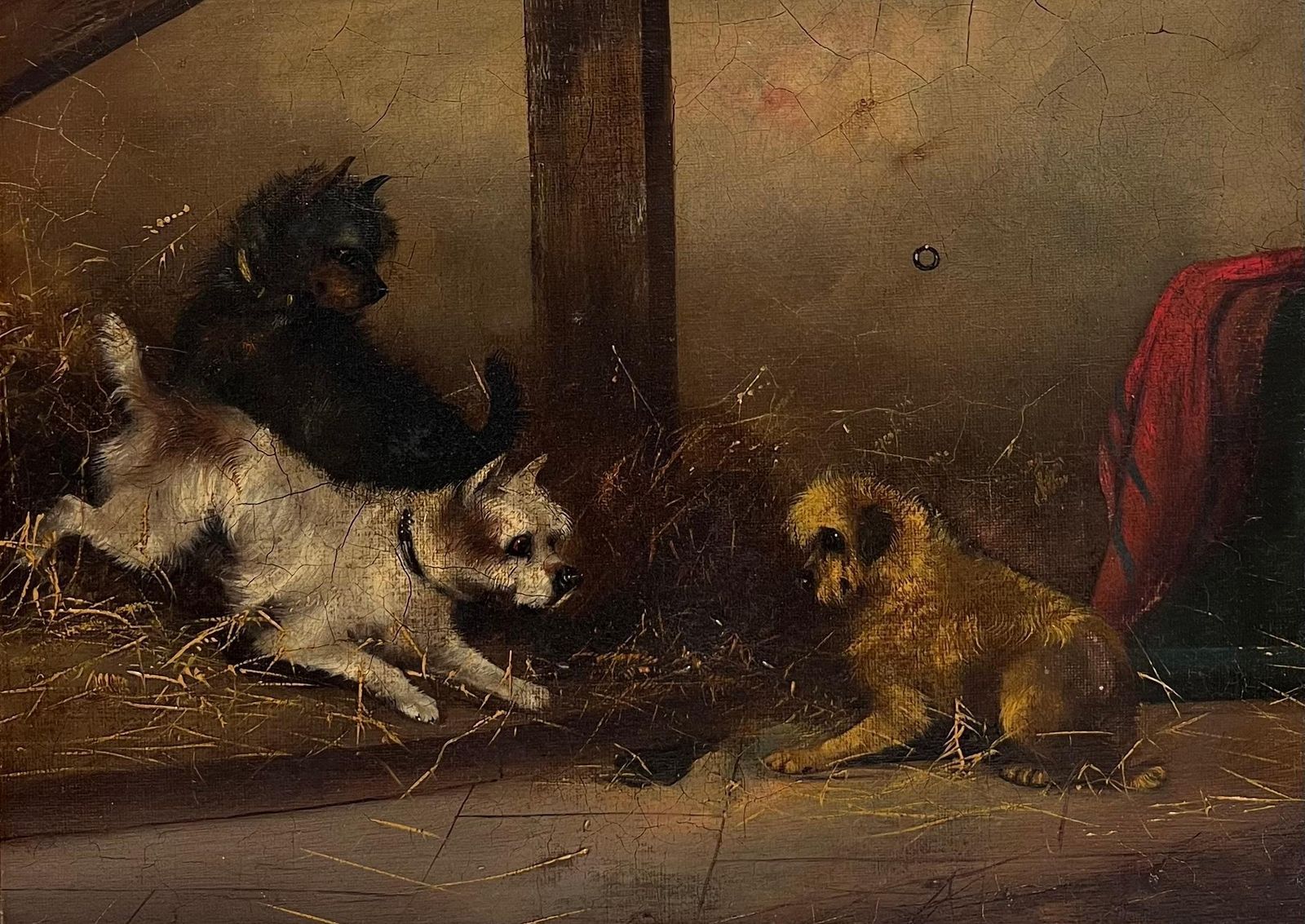 Frank Cassellfine Victorian Dog Oil Painting Terriers Chasing Rat In Barn Stable Interior photo furniture