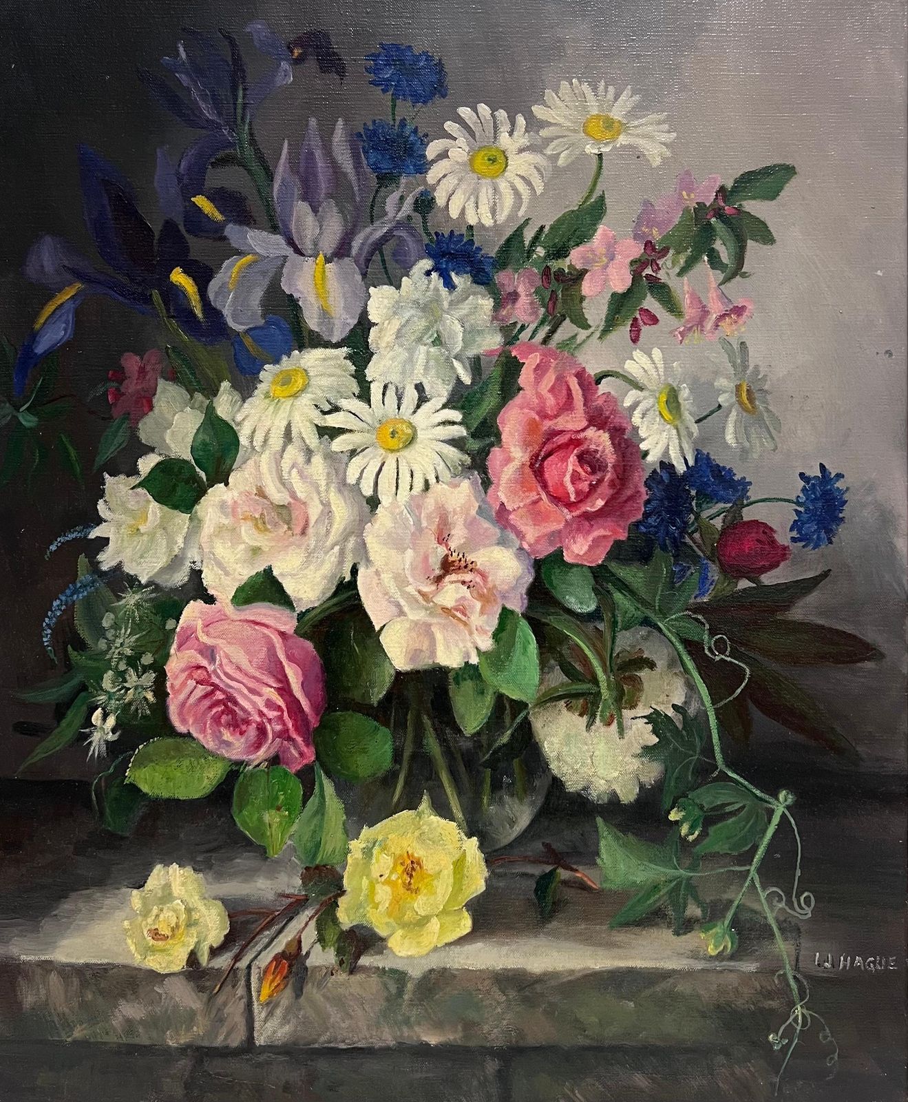 1950's English Schoolbritish Mid 20th Century Still Life Roses Ornate Display Signed Oil Painting1950's photo furniture