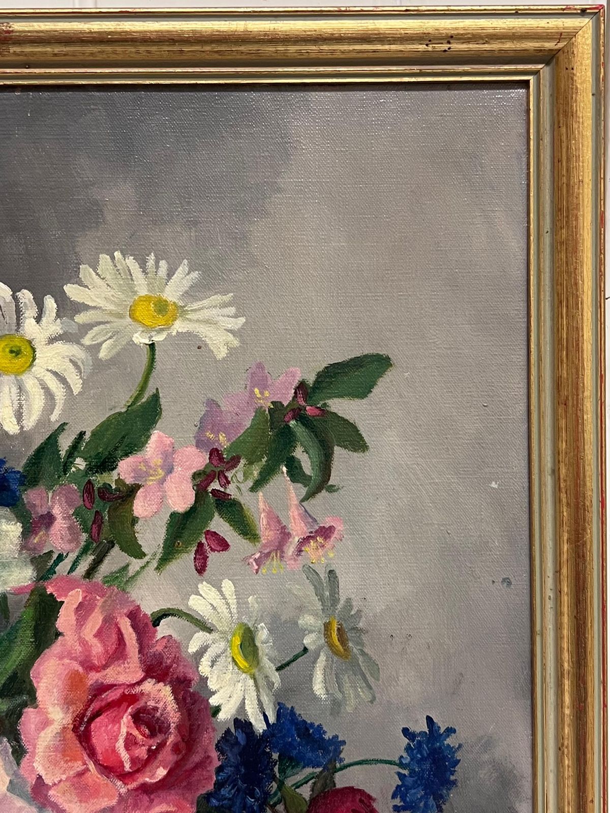 1950's English Schoolbritish Mid 20th Century Still Life Roses Ornate Display Signed Oil Painting1950's photo Art