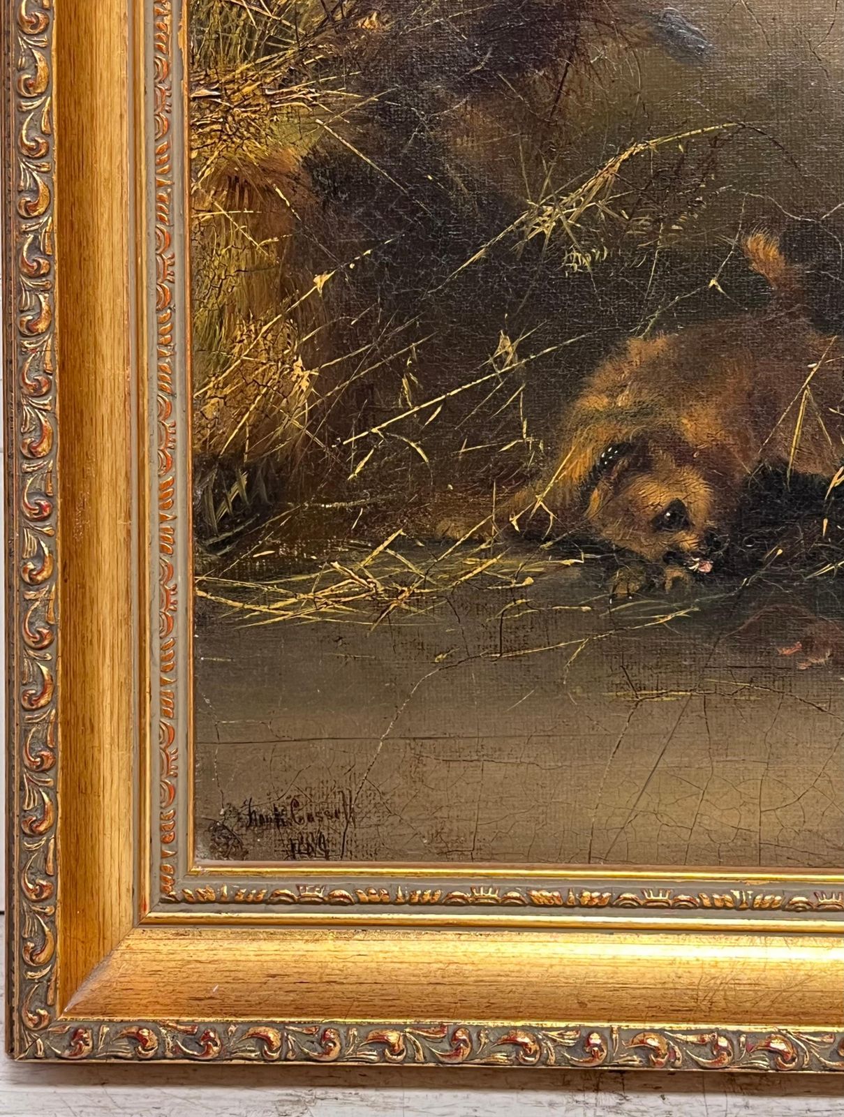 Frank Cassellantique English Sporting Art Oil Painting Terrier Dogs Ratting In Barn Stable1889 photo 1221.0