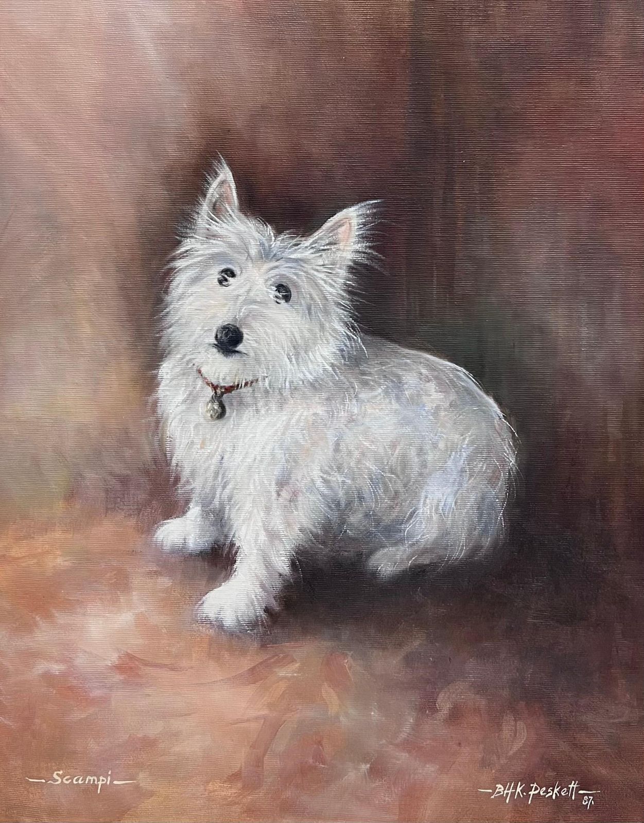 British Schoolportrait Of Scruffy White West Highland Terrier Dog Signed English Oil Painting photo furniture