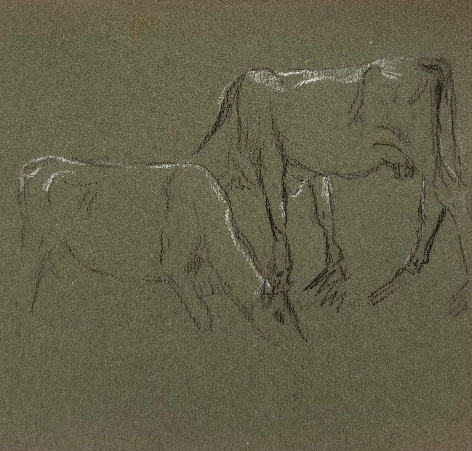 John Rabone Harveybritish Chalk Pencil Sketch Of A Cow And Their Calf Munching On Grass1966 photo Art