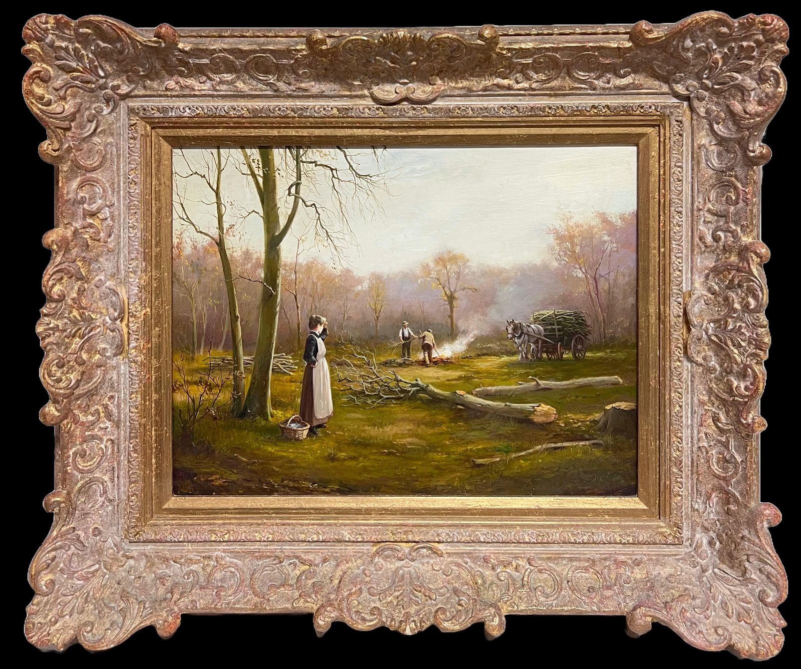 Antique English Schoollady In Woods With Logging Team Gatherin Firewood Fine English Oil Painting