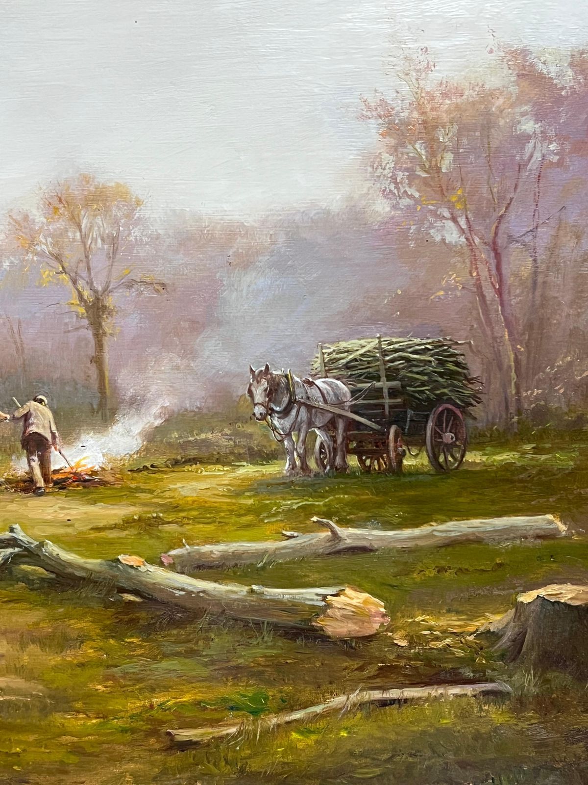 Antique English Schoollady In Woods With Logging Team Gatherin Firewood Fine English Oil Painting photo 969.0