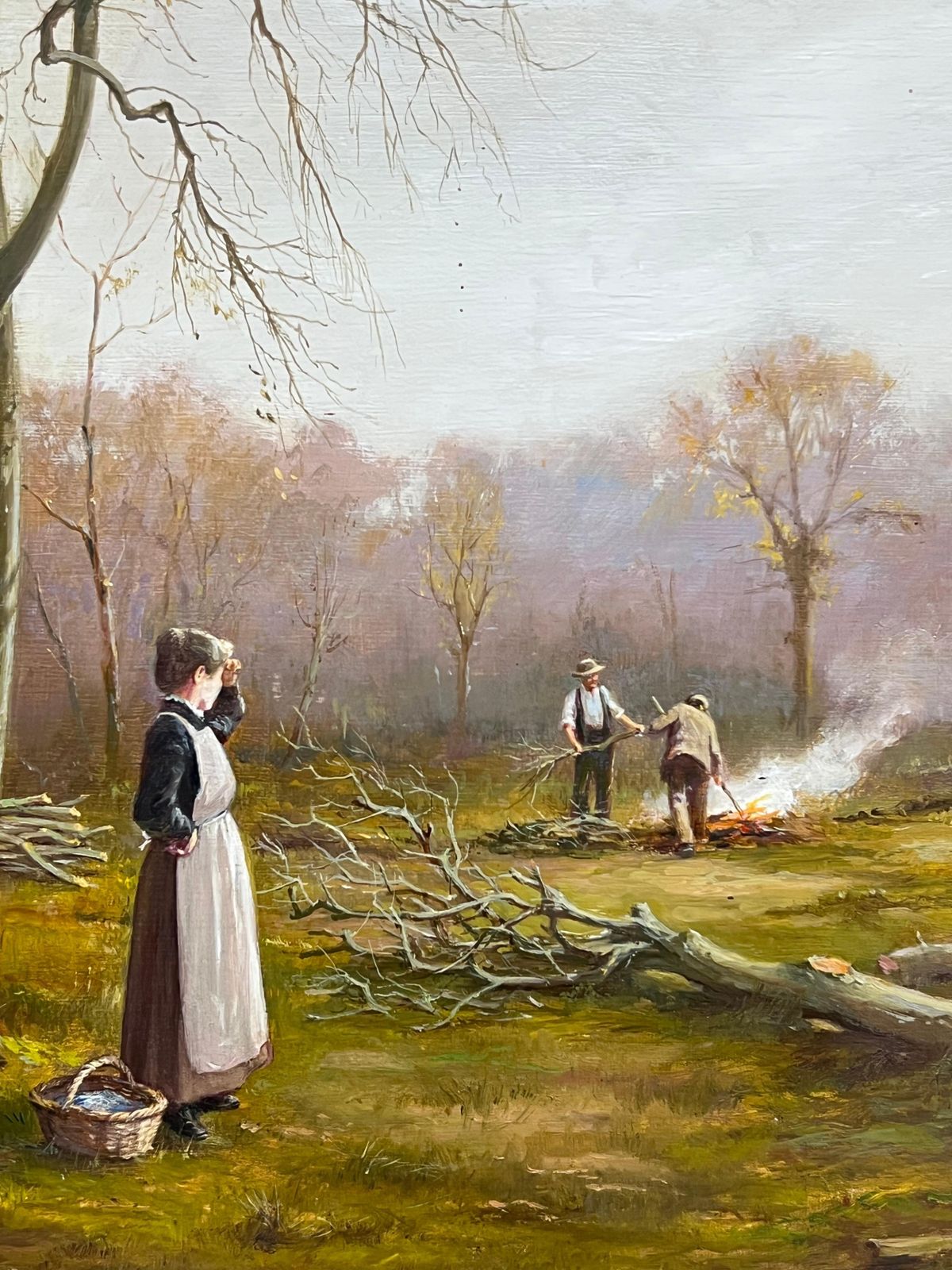 Antique English Schoollady In Woods With Logging Team Gatherin Firewood Fine English Oil Painting photo vinterior