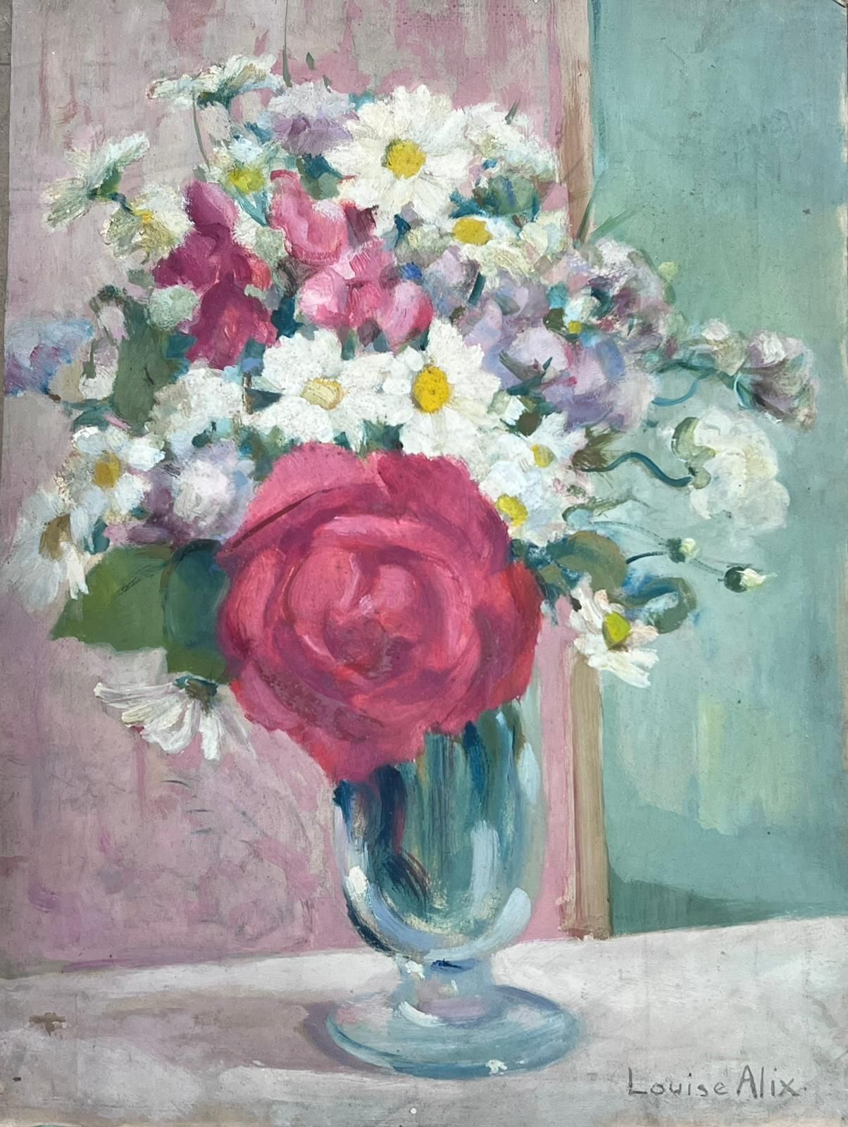 Louise Alix1930's French Impressionist Signed Oil Painting Roses & Daisies In Glass Vase1940's