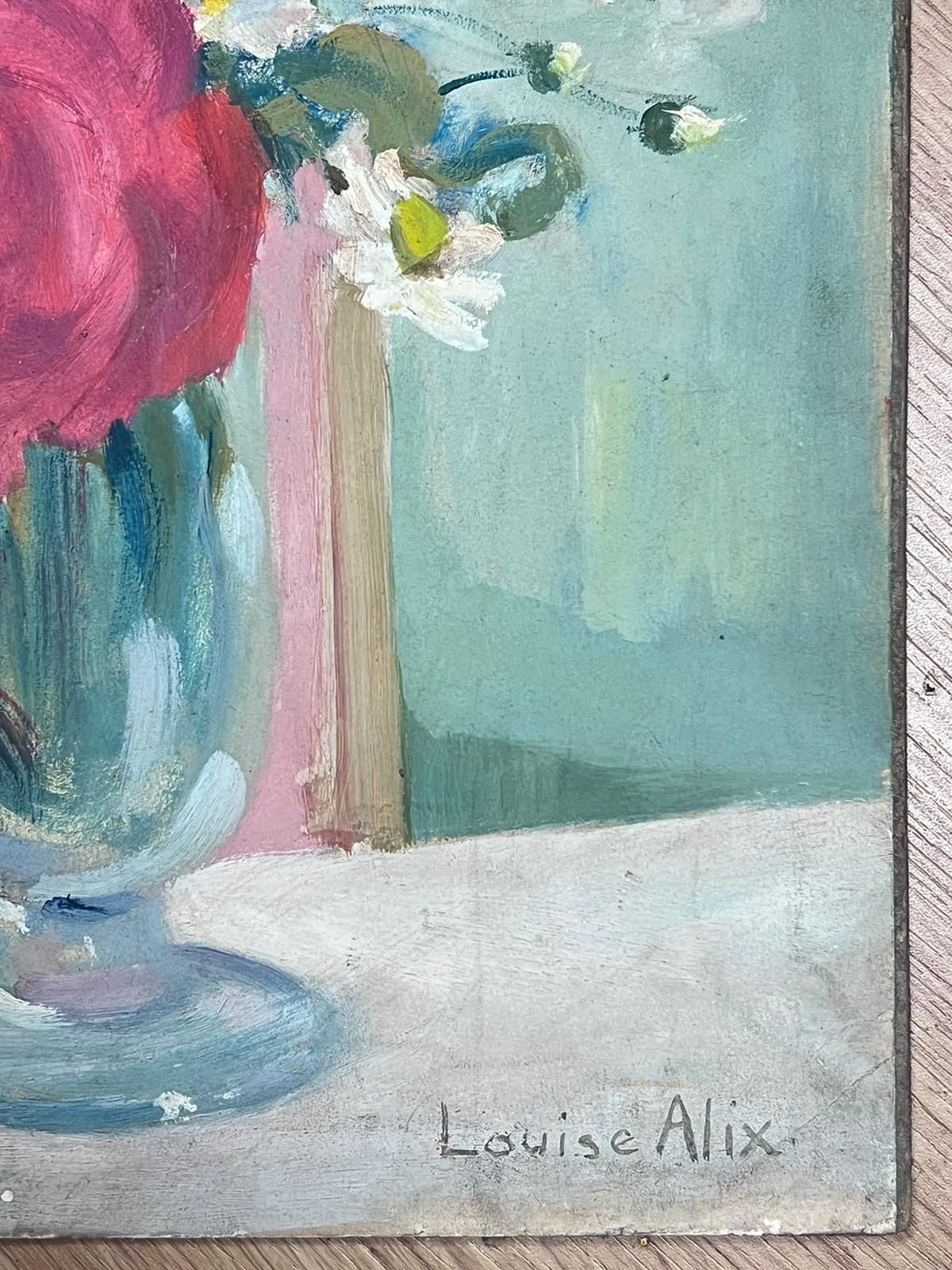 Louise Alix1930's French Impressionist Signed Oil Painting Roses & Daisies In Glass Vase1940's photo Art