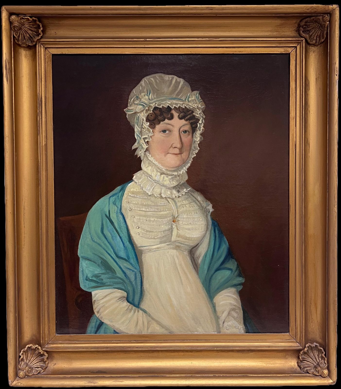 British School Fine 1800's Georgian English Portrait Of Lady In Lace Bonnet Blue Shawl, Oilc. 1820