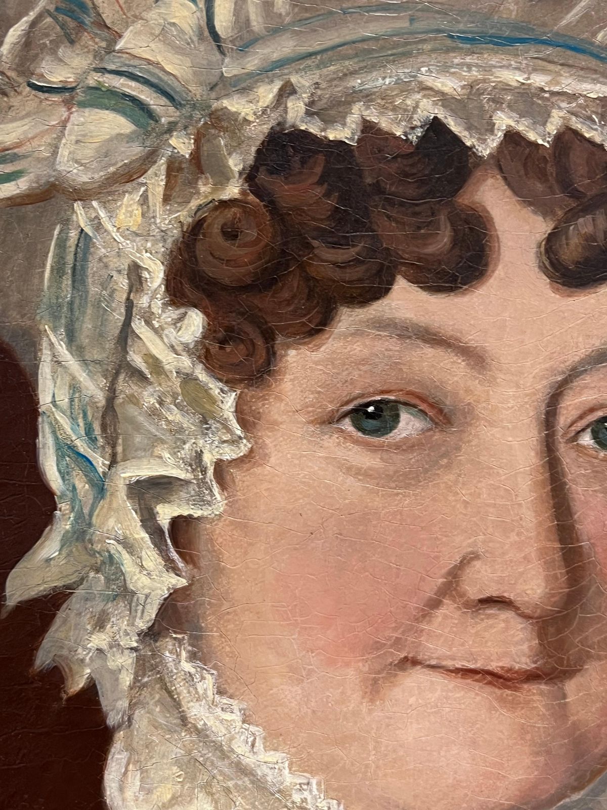 British School Fine 1800's Georgian English Portrait Of Lady In Lace Bonnet Blue Shawl, Oilc. 1820 photo Art