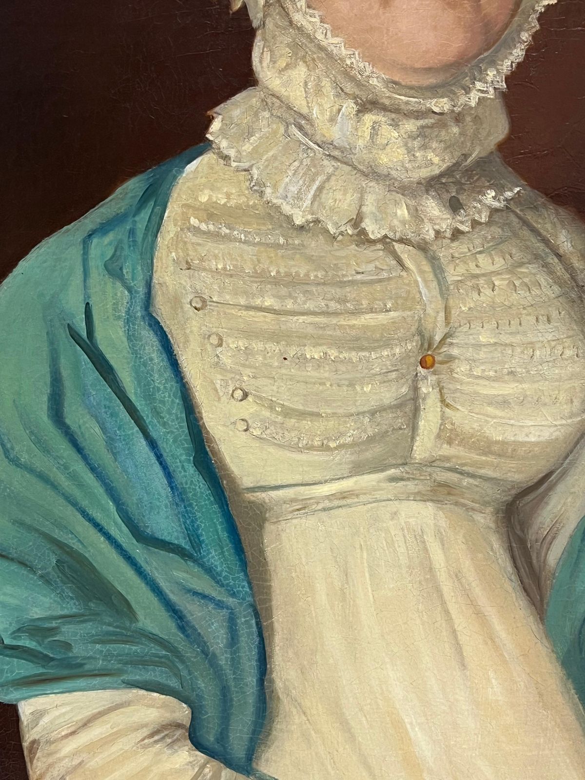 British School Fine 1800's Georgian English Portrait Of Lady In Lace Bonnet Blue Shawl, Oilc. 1820 photo 1639.0