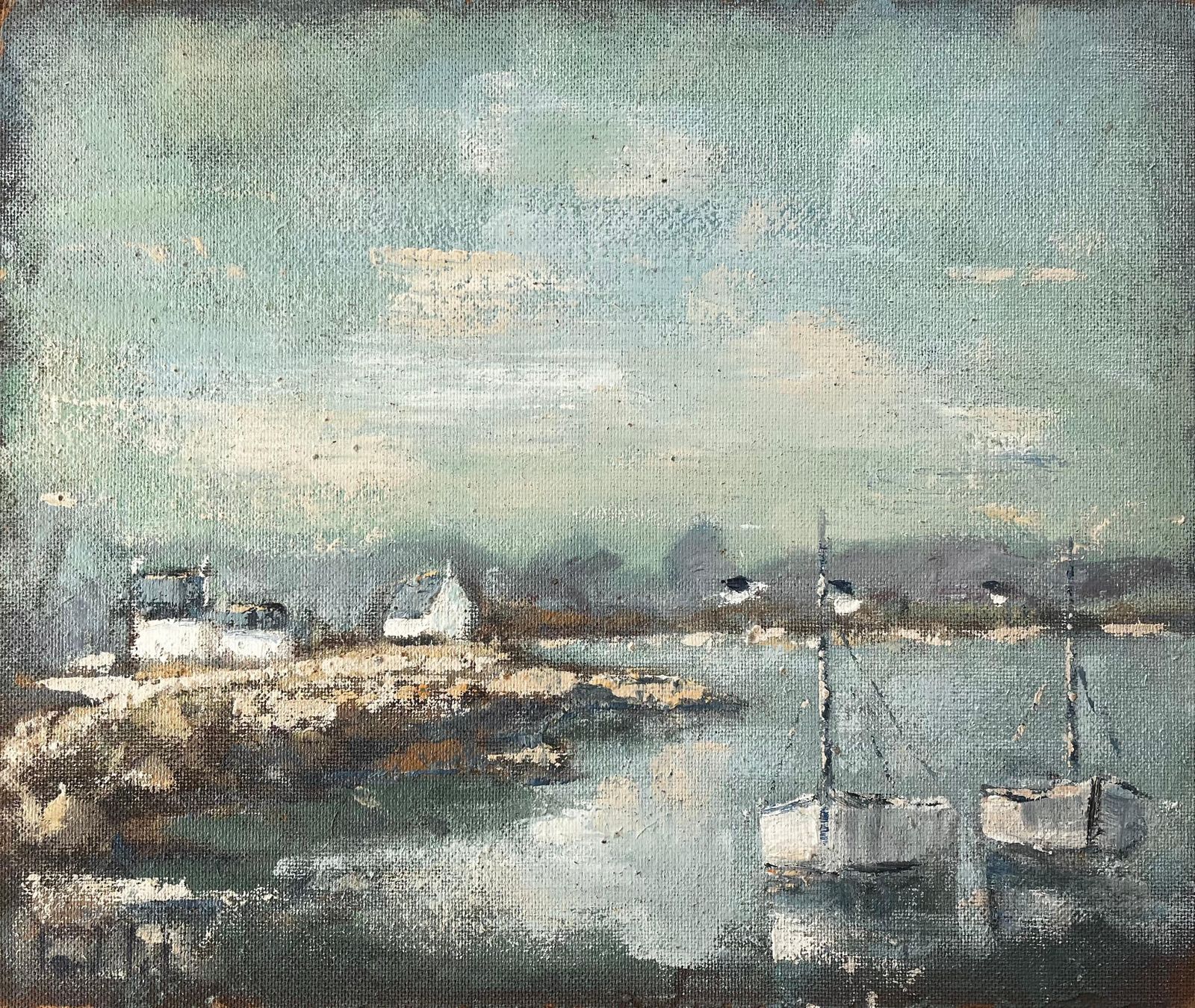 Fanch Lelfrench Coastal Painting With Boats And Houses Near Plougonvelin Brittany
