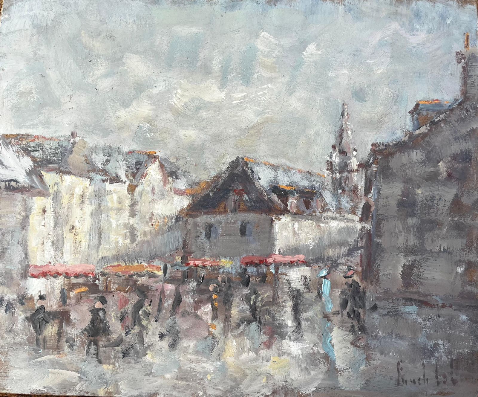 Fanch Lelfrench Village Market Scene With Figures And Church Tower Impressionist Painting