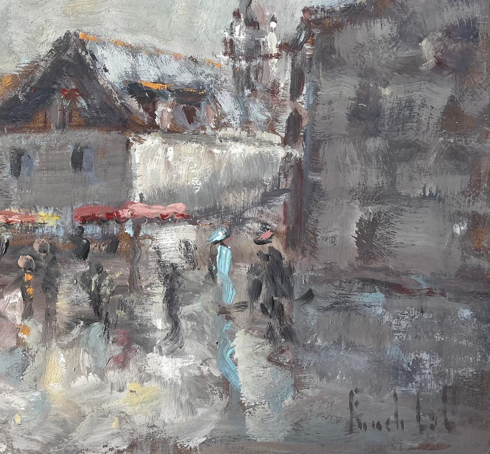 Fanch Lelfrench Village Market Scene With Figures And Church Tower Impressionist Painting photo for sale