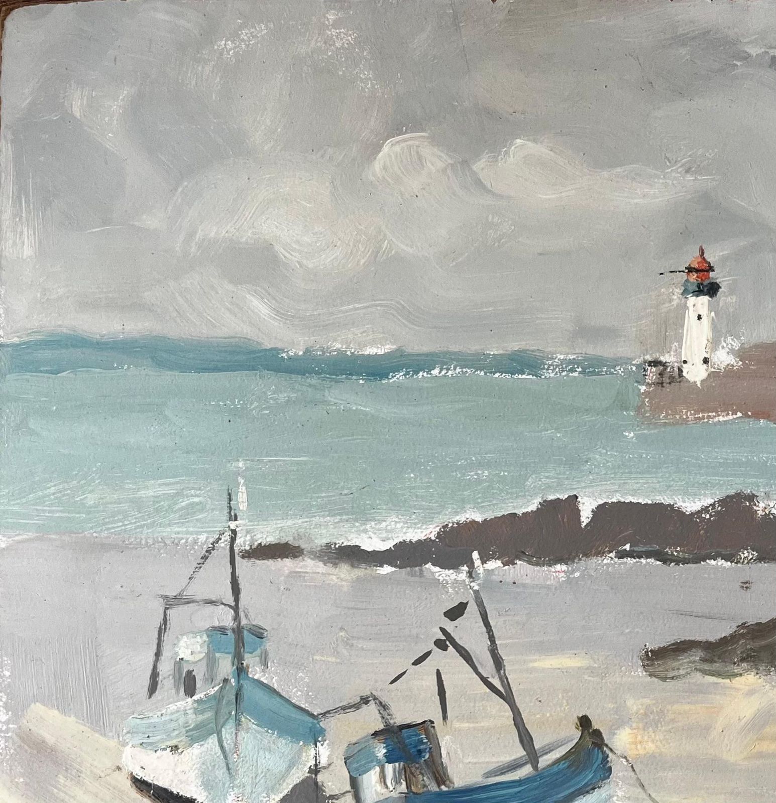 Fanch Lelfishing Boats On French Beach With Lighthouse And Sea Coastal Marine1990 photo vinterior