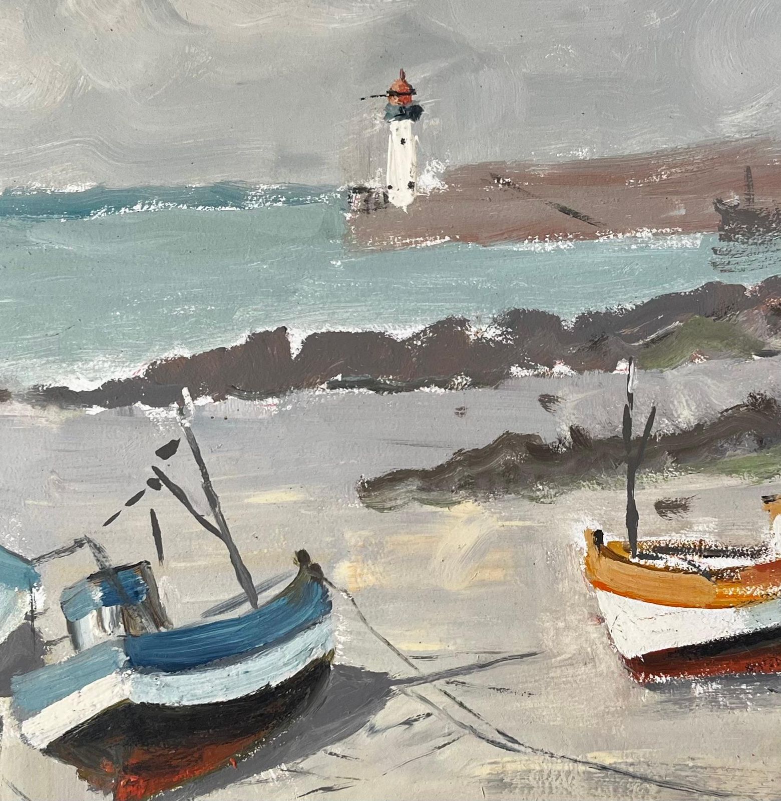 Fanch Lelfishing Boats On French Beach With Lighthouse And Sea Coastal Marine1990 photo buy