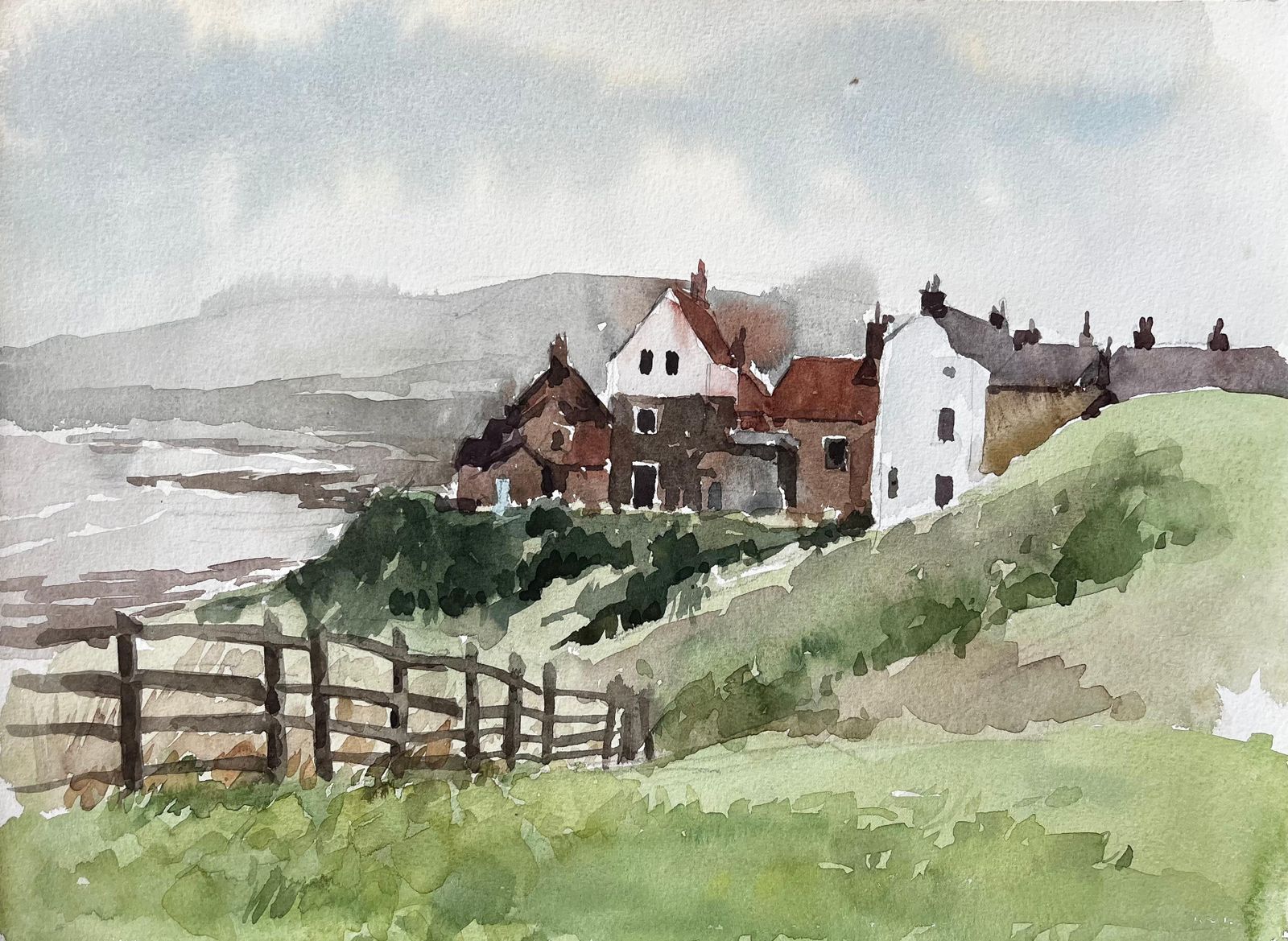 Anthony Herbertrobin Hoods Bay Cliffside Cottages And Sea View With Fence Yorkshire 19831983