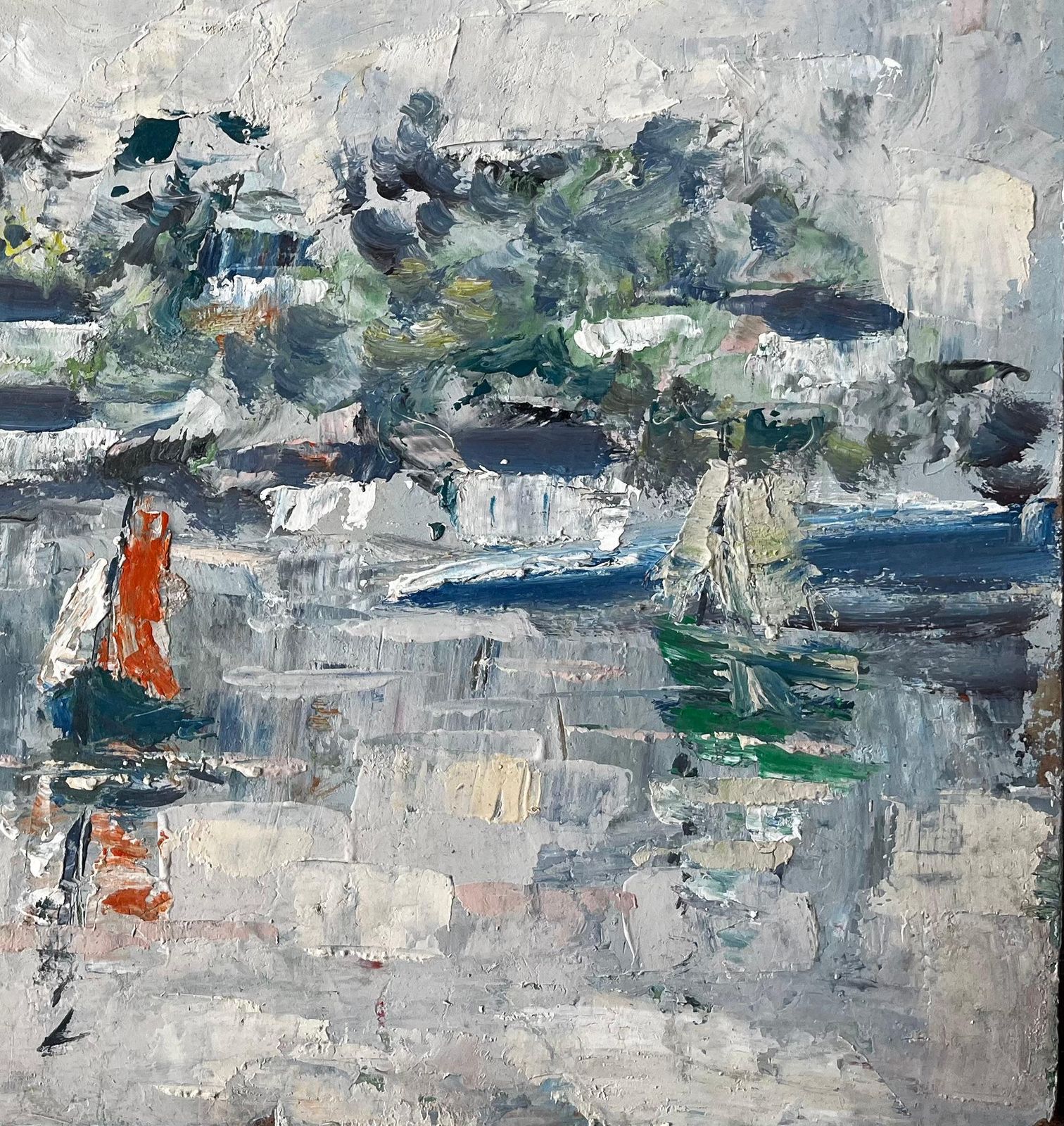Fanch Lelfrench Coastal Harbour Scene With Sailboats And Reflections Mid Century Painting photo for sale