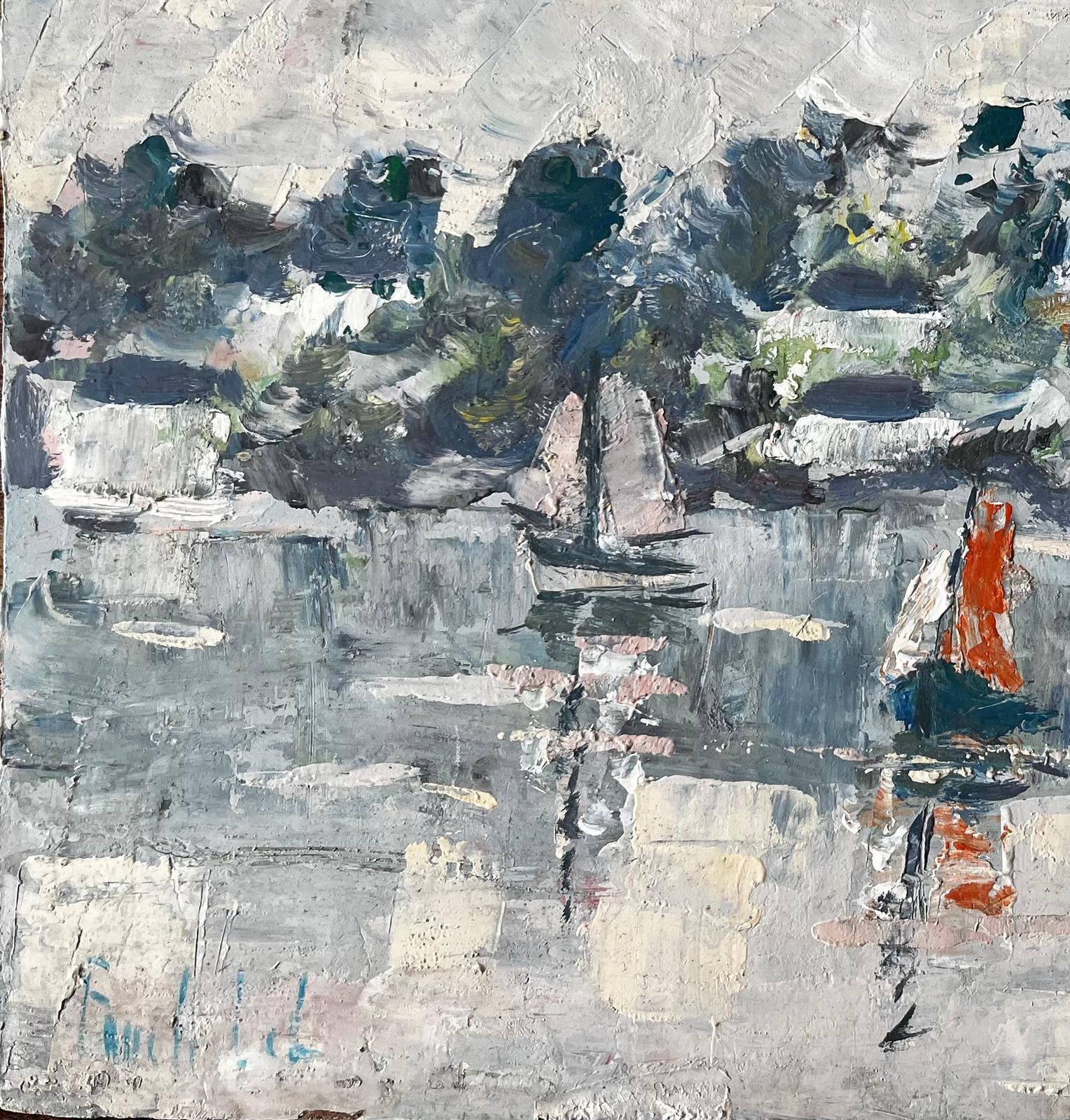 Fanch Lelfrench Coastal Harbour Scene With Sailboats And Reflections Mid Century Painting photo Art