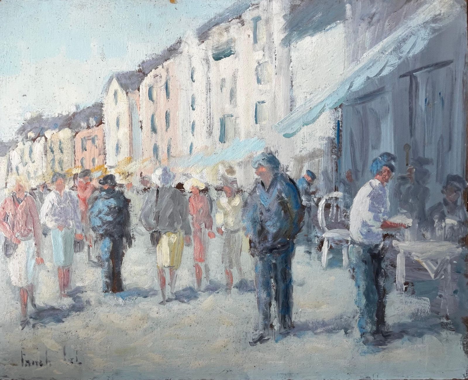 Fanch Lelfrench Market Day With Figures And Cafe Awnings In Sunlit Street By Fanch Lel
