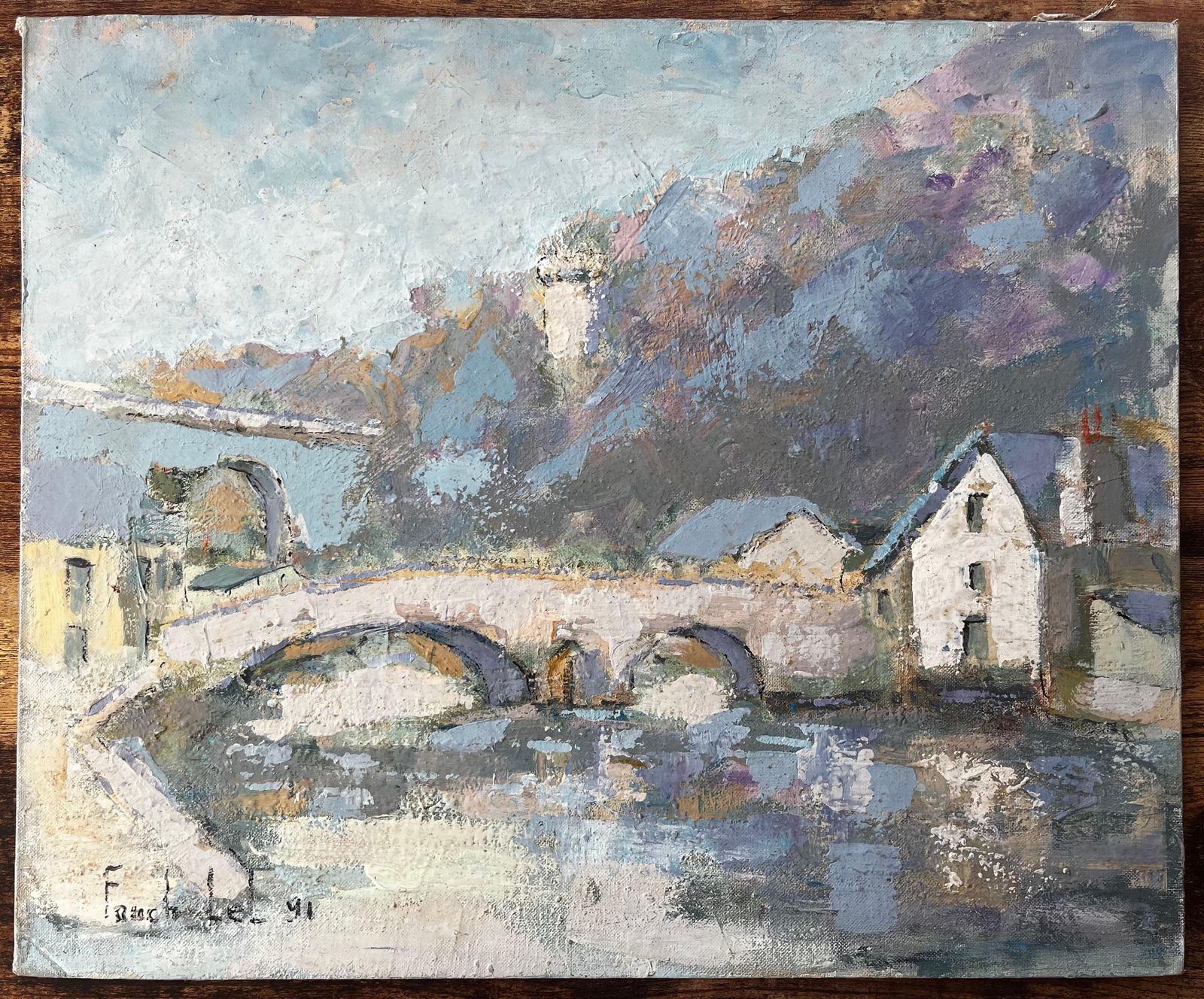 Fanch Lelfrench Riverside Village Dinan With Stone Bridge And Blue Roofs Oil Painting1991 photo furniture