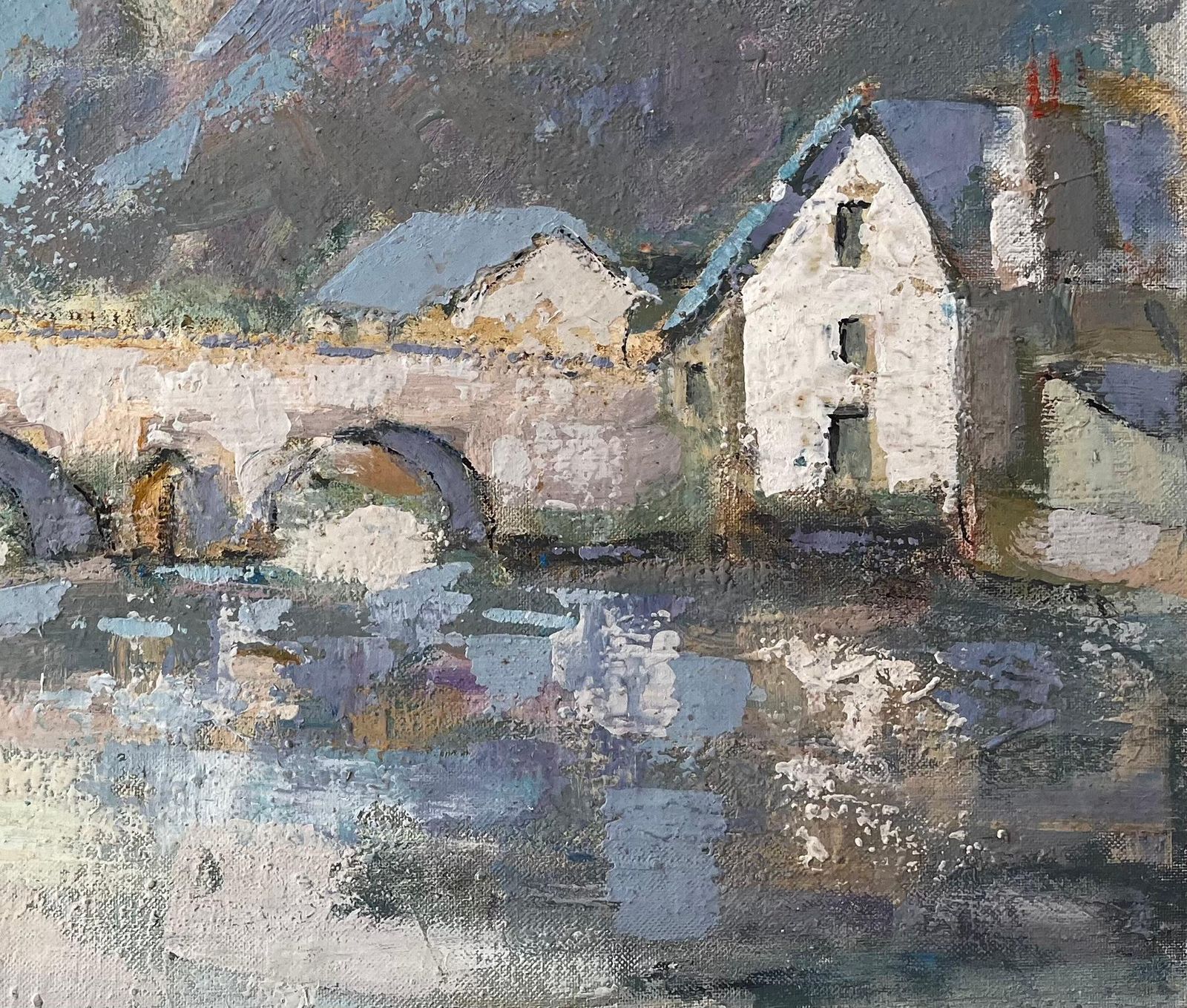 Fanch Lelfrench Riverside Village Dinan With Stone Bridge And Blue Roofs Oil Painting1991 photo for sale