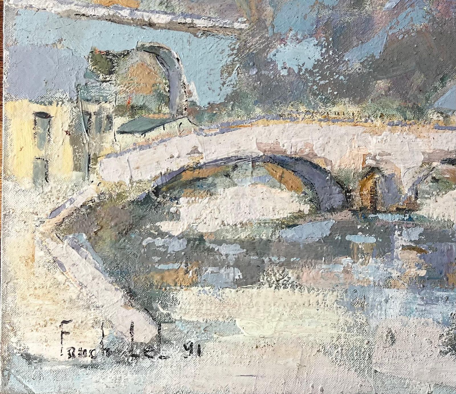 Fanch Lelfrench Riverside Village Dinan With Stone Bridge And Blue Roofs Oil Painting1991 photo Art