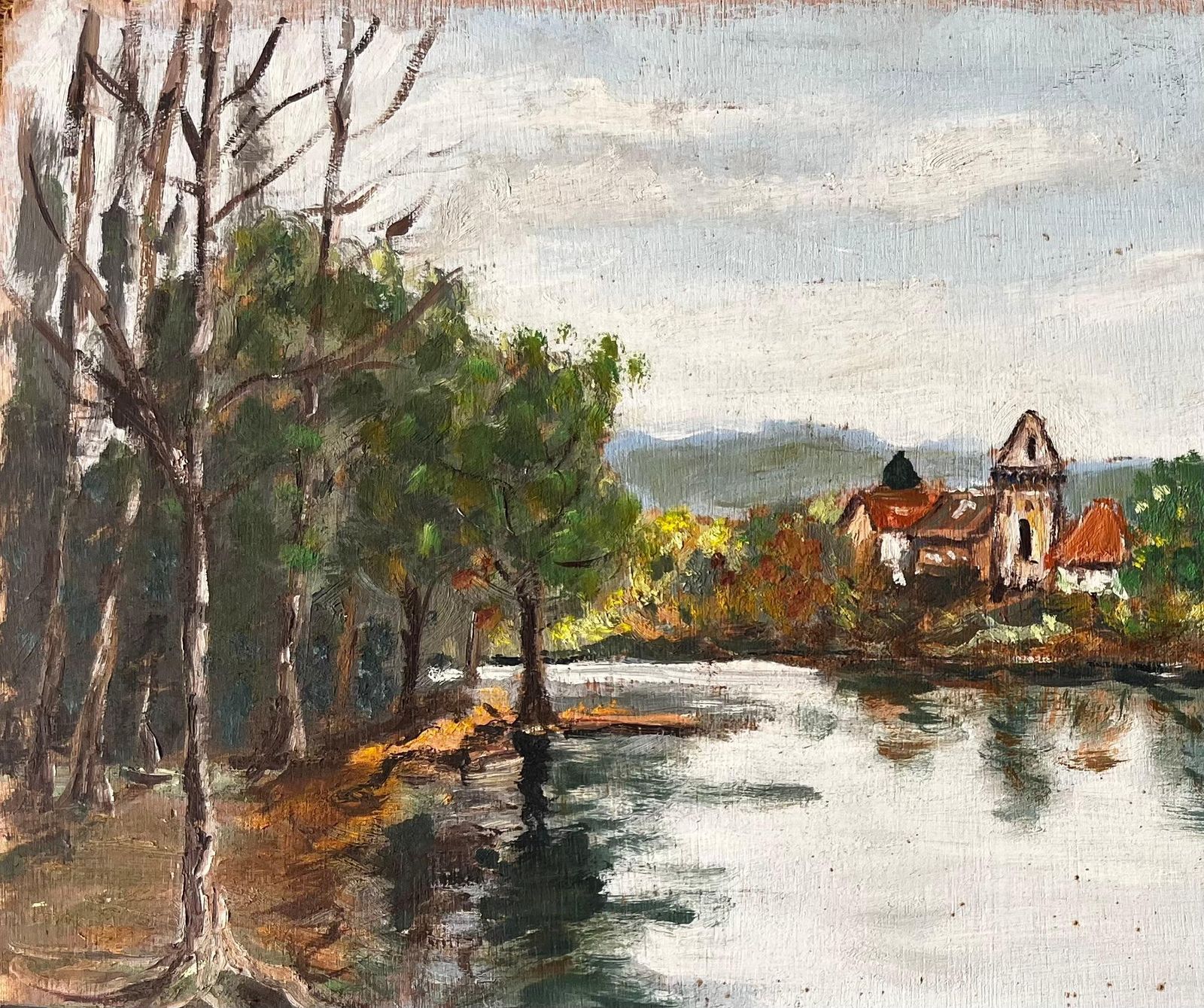 F. Le Layfrench River Village Scene With Red Roofs Trees And Reflections By F Le Lay photo for sale