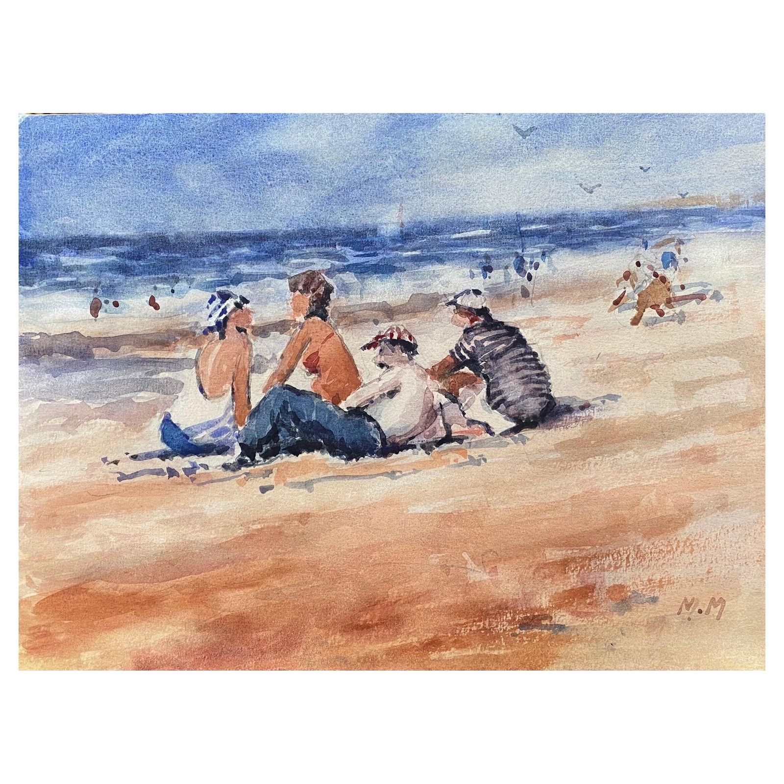 Unknownmaurice Mazeilie  French Impressionist Signed Watercolour   Figures At The Beach20th Century