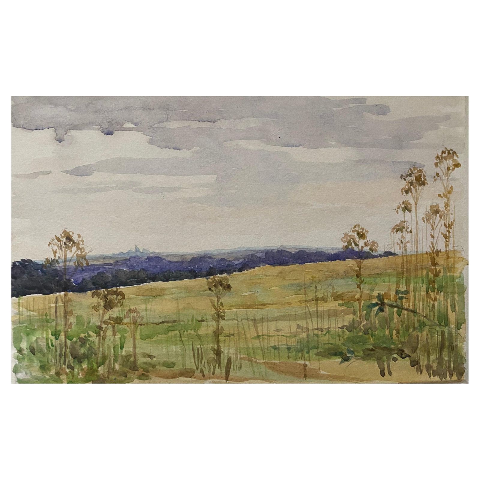 Unknown1900's English Impressionist Watercolor Painting Quiet Open Crop Fieldscirca 1900s
