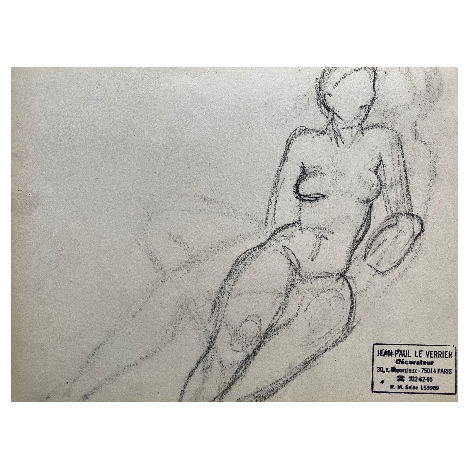Unknownmid 20th Century French Original Line Drawing Sketch Nude Lady   Stampedmid 20th Century